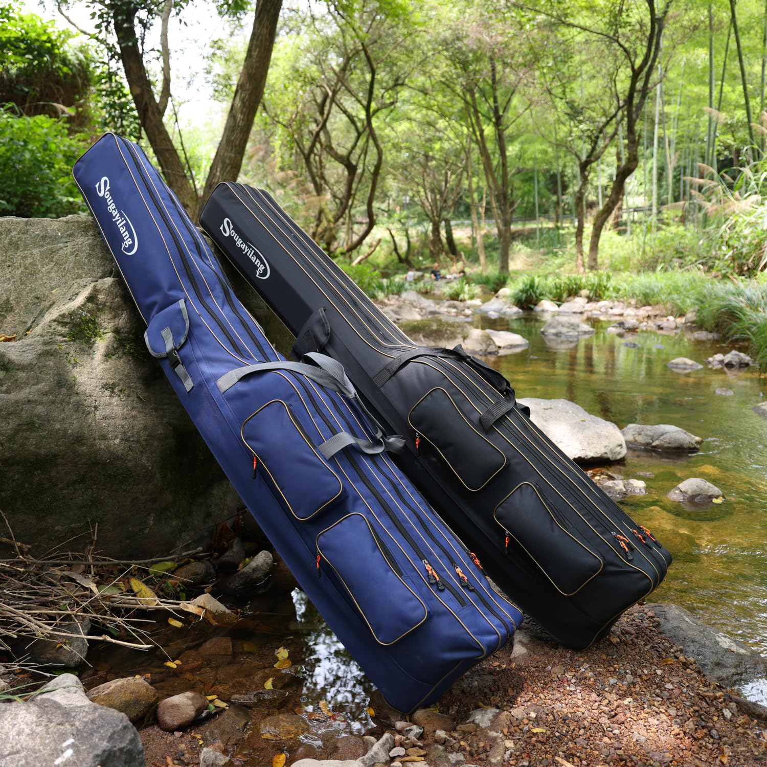 Sougayilang Bolsa plegable portátil para caña de pescar, almacenamiento de aparejos de gran capacidad de 3 capas, 135/165 cm, Azul-165 cm, 165 cm, Práctico