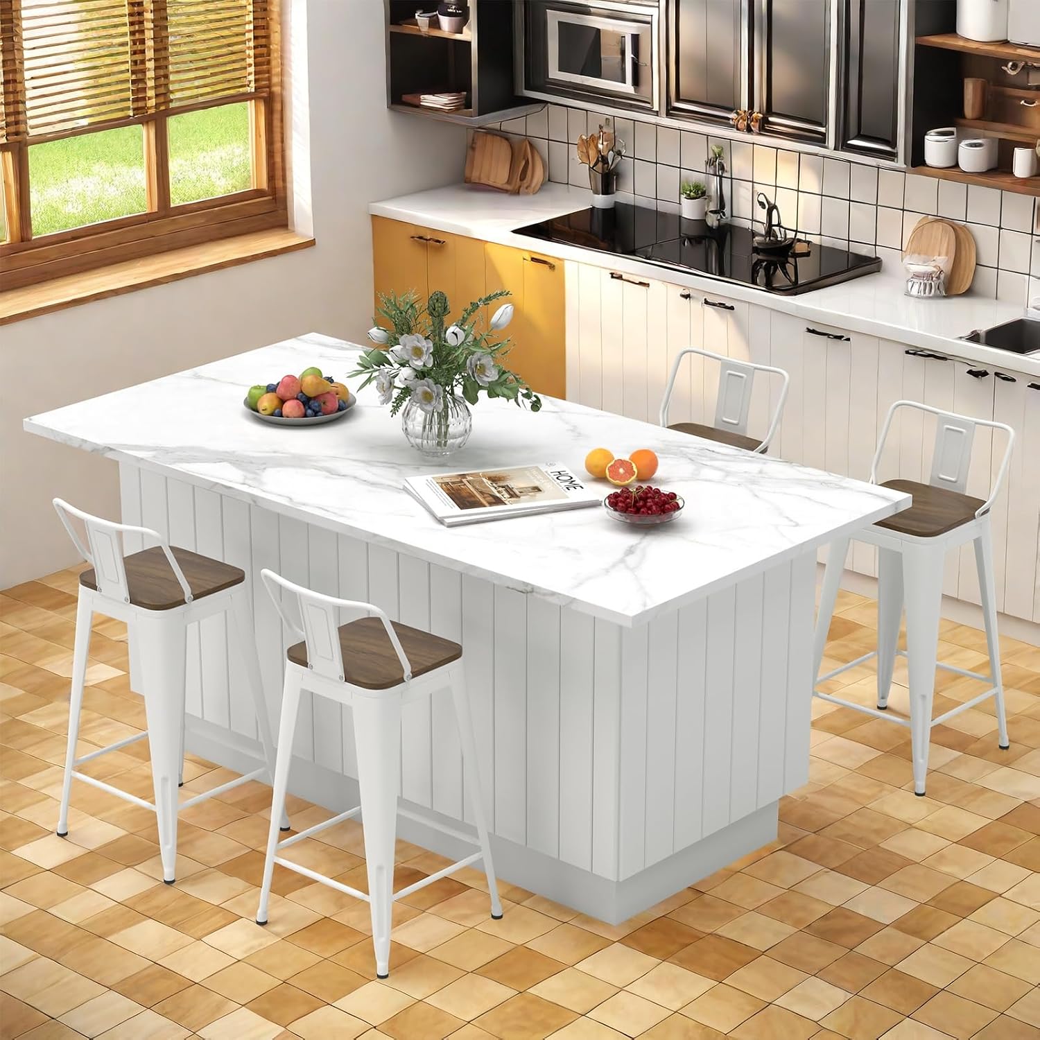 Swivel Bar Stools Set of 4, 24” Counter Height Bar Stools with Low Back & Wooden Seat, Metal Bar Chairs for Kitchen Island, White