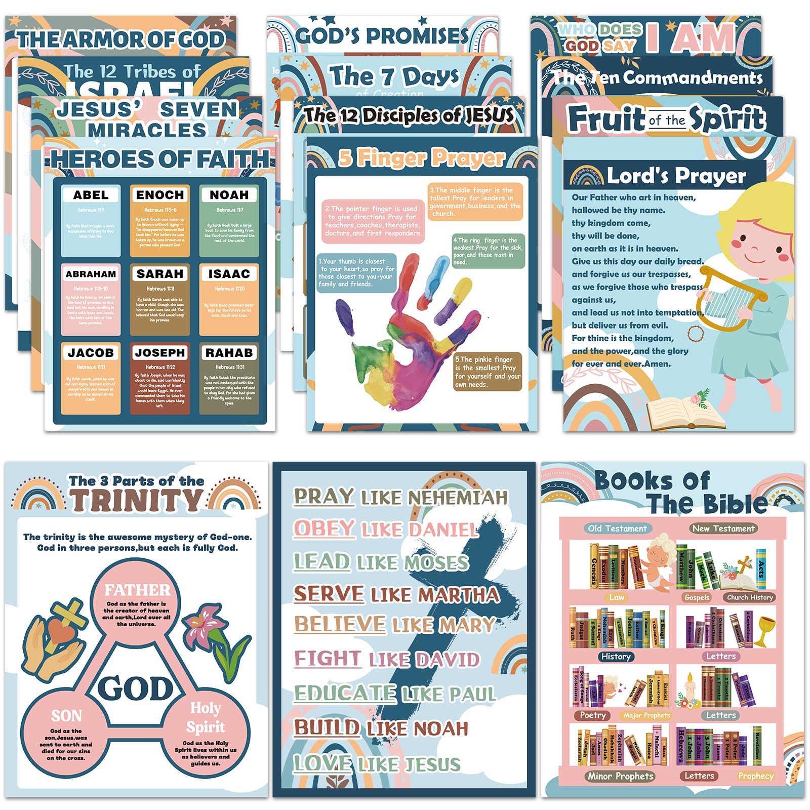 gisgfim Boho Bible Posters for Classroom Religious Posters 14 x 11 in Rainbow Books of The Bible Bulletin Board Ten Commandments Poster Christian Wall Decor for Sunday School VBS Decorations Supplies
