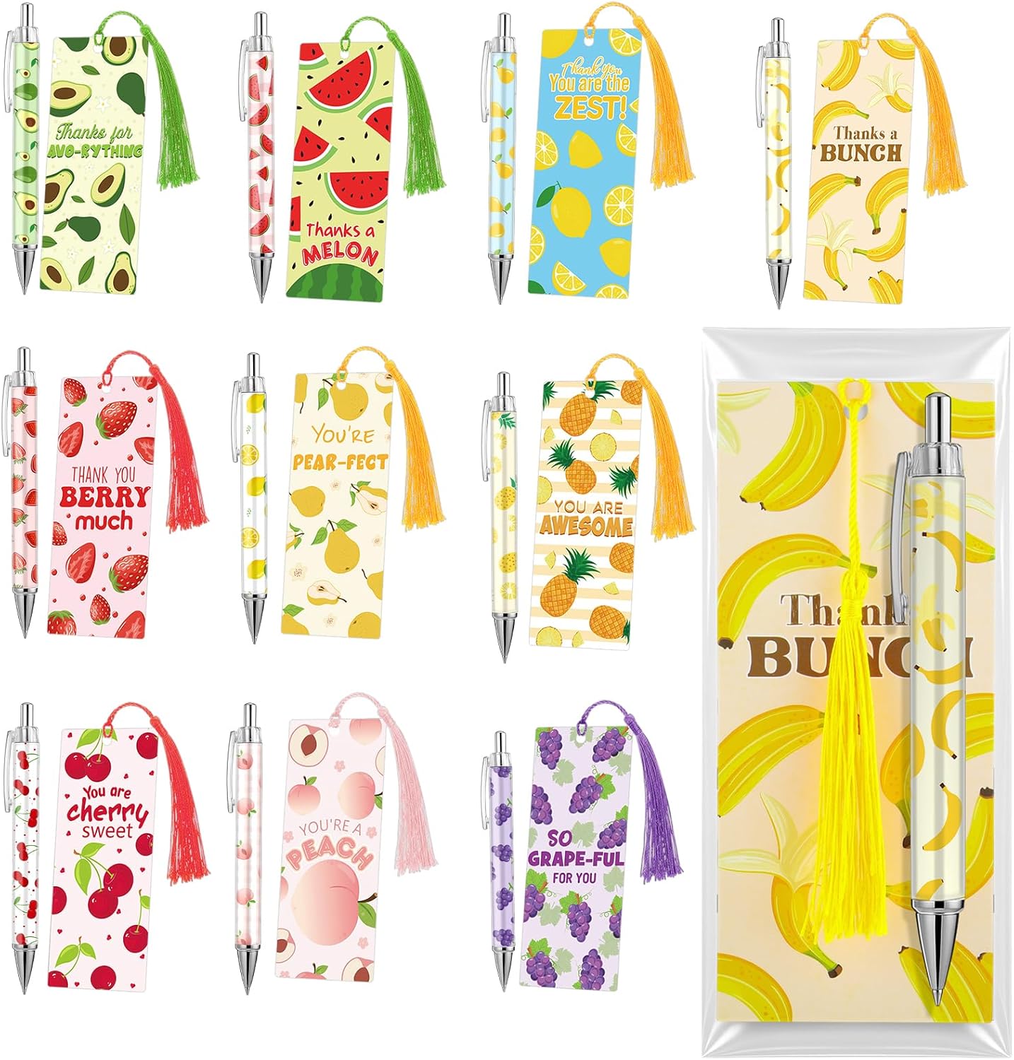 Yexiya 100 Set Employee Appreciation Gifts Bulk Funny Fruit Ballpoint Pens with Motivational Thank You Cards for Teacher Gifts Party Office Supplies Staff Valentines Funny Positive Gift(Cute)