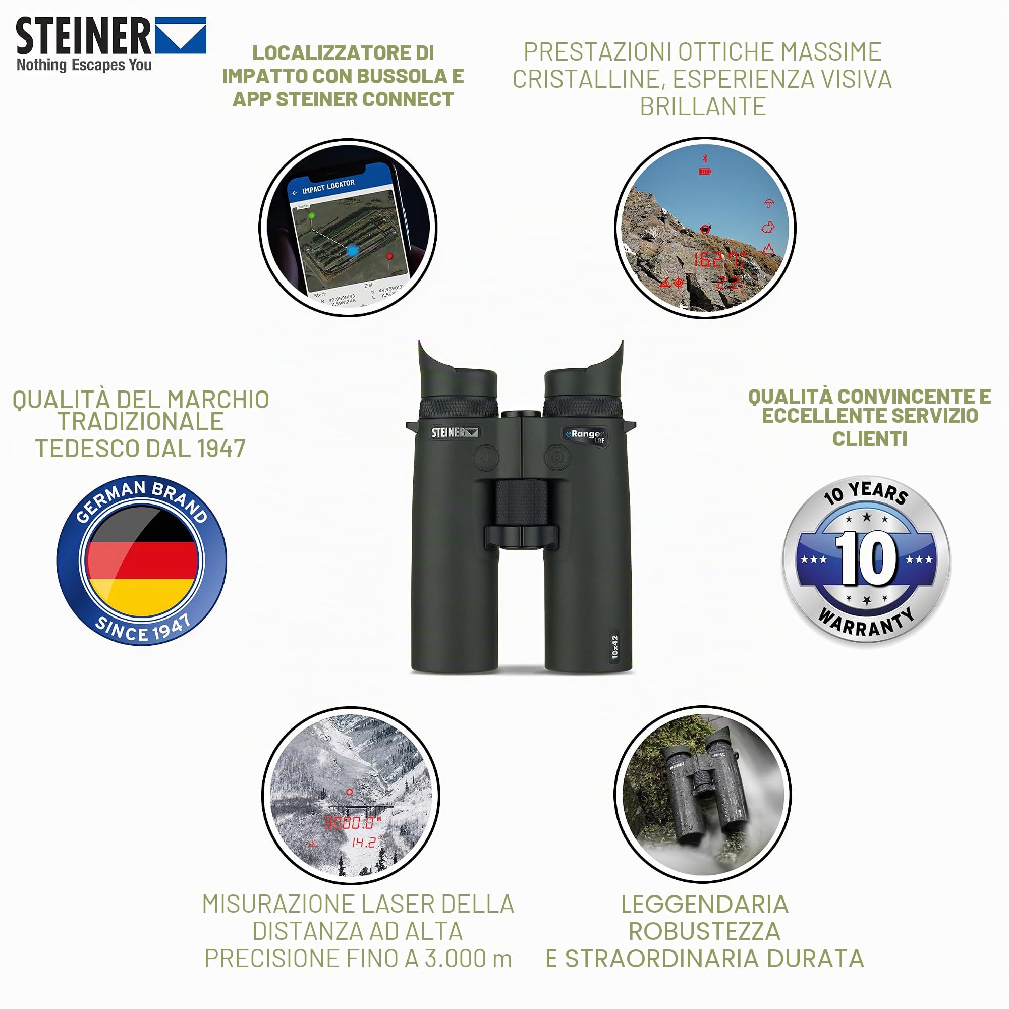 Steiner Binocolo da caccia eRanger LRF 10x42 – telemetro laser fino a 3.000 m, trasmissione digitale Steiner Connect App, eRanger 8