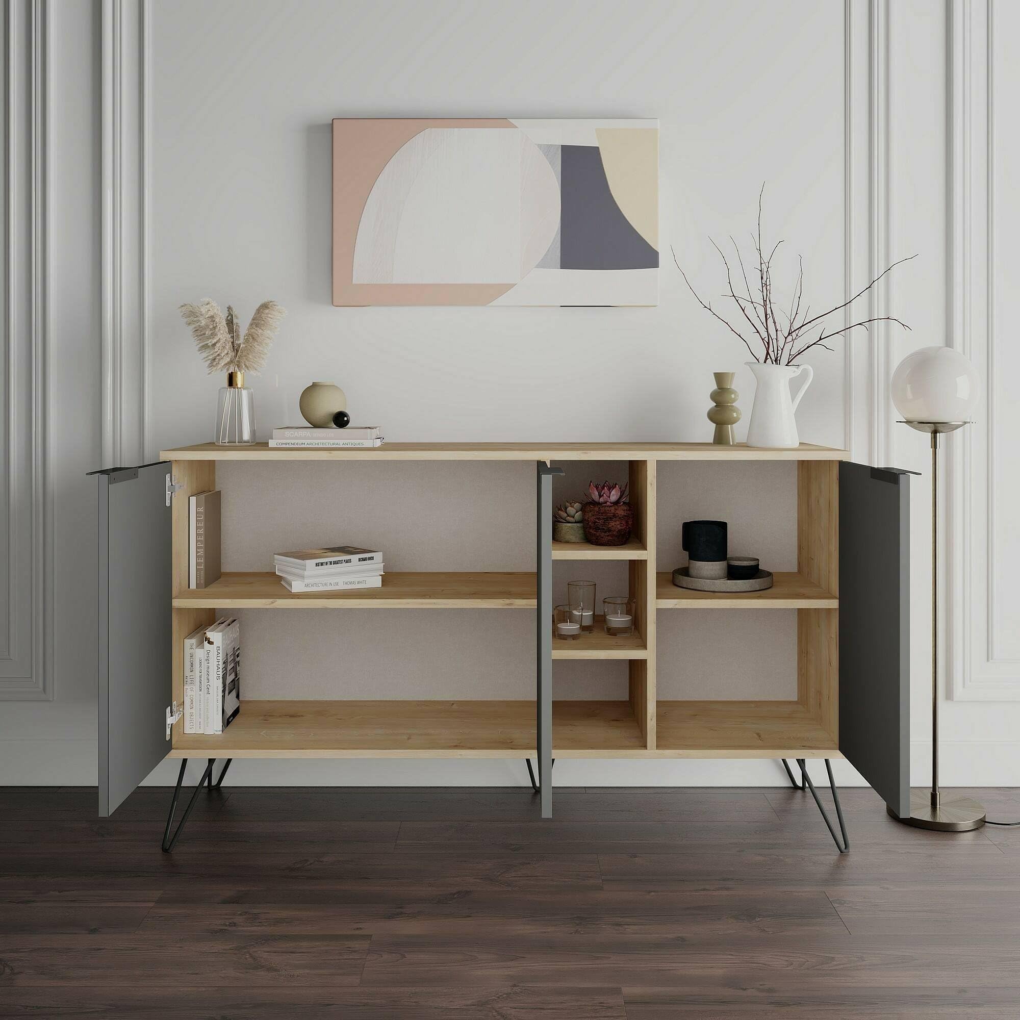 Dmora - Credenza Perseus, Buffet da soggiorno, Madia da salotto, Dispensa da cucina, 142x36h83 cm, Quercia e Antracite