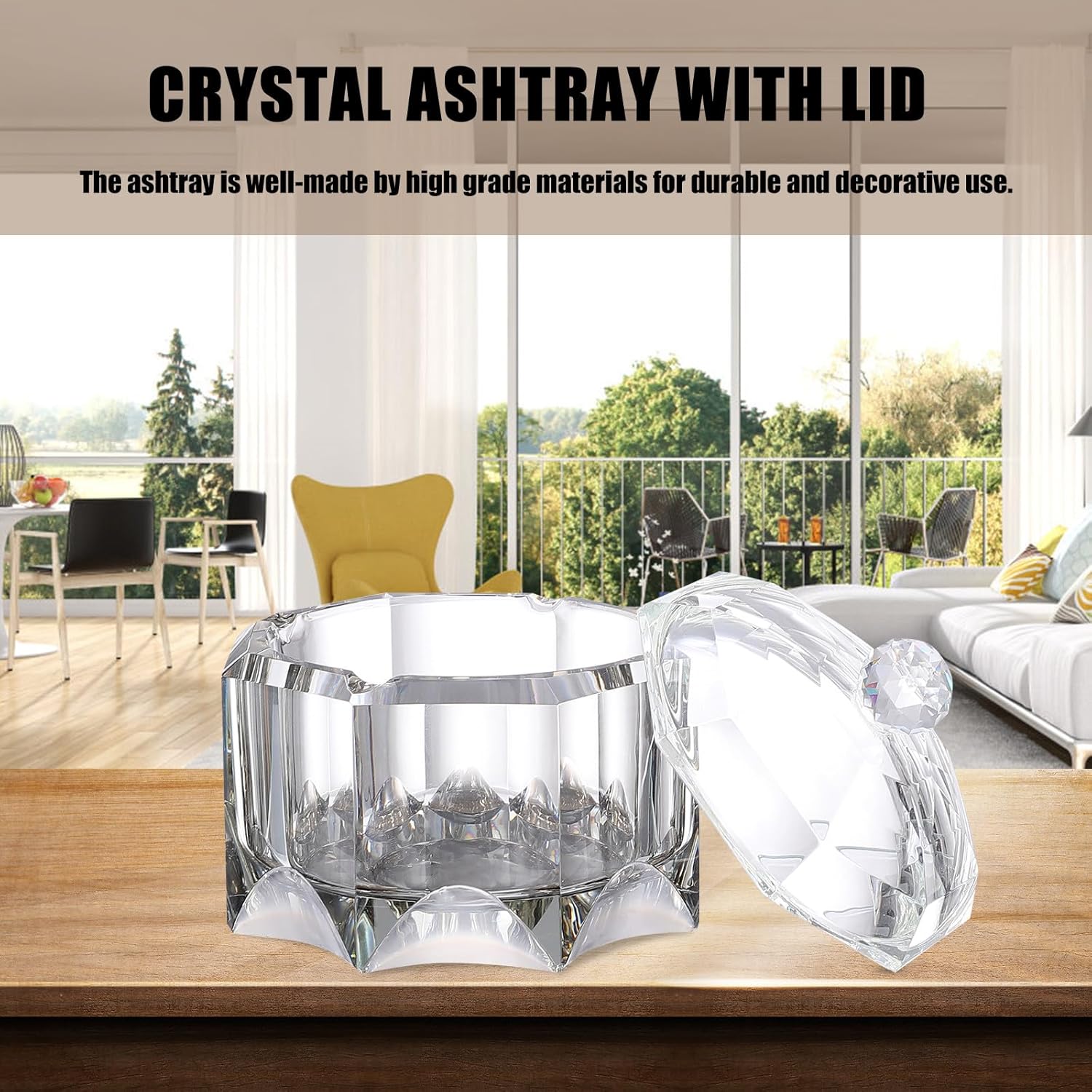 Creative Square Crystal Ashtray with Lid, Octagonal Black Gold Glass Cigarette Butt Container, Desktop Windproof Household Ashtray for Home and Office Use