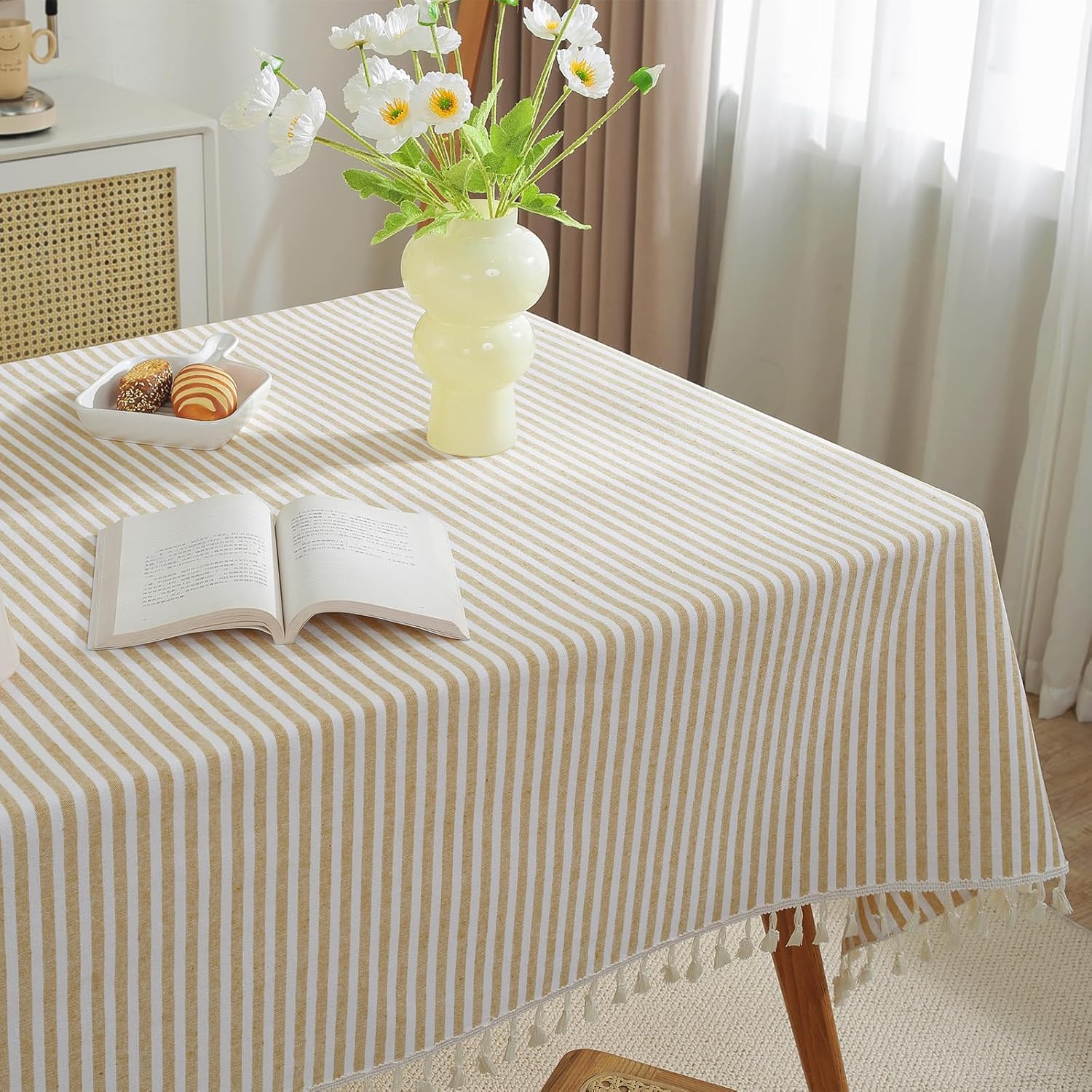 meioro table cloth beige white striped tablecloth tassels cotton linen dust-proof table cover for dining coffee buffet kitchen picnic tables, parties holiday indoor outdoor tablecloths (55x86 inch) beige 86" x 55" (rectangular)