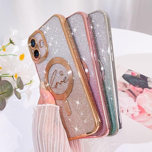 Vista 77 de Fiyart - Funda transparente magnética con purpurina para iPhone 12 para mujeres, con grabado "Love" metálico, protección para cámara y antigolpes