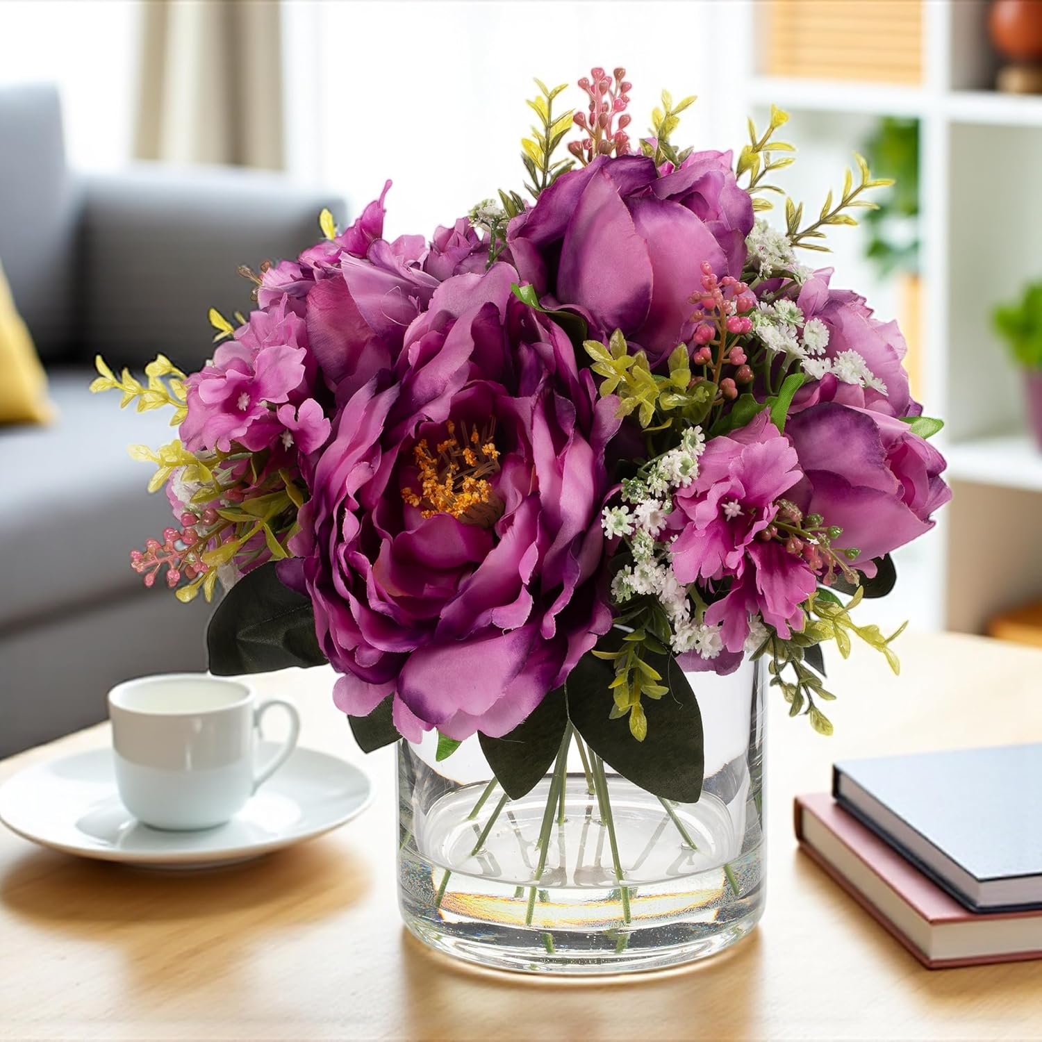 ENOVA FLORAL Artificial Silk Flower Arrangement with Vase,Mixed Artificial Silk Peony Flower in Vase for Decoration Home Office, Wedding Centerpiece (Purple) - Image 2