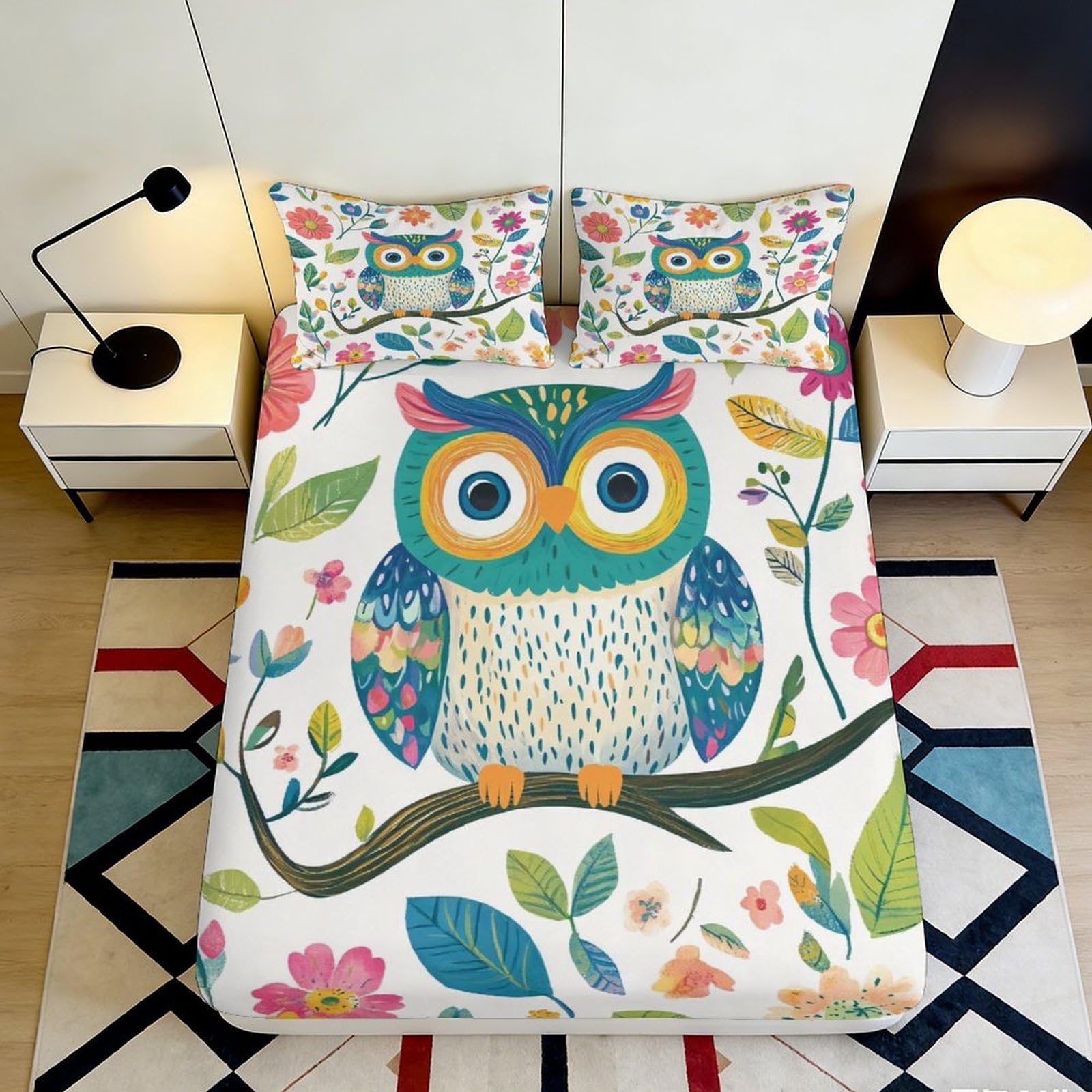3D Printed Colorful Owl Fitted Sheet Microfiber Floral Mattress Cover for Bedroom Decor Adult Youth Dorm 90x200x25cm