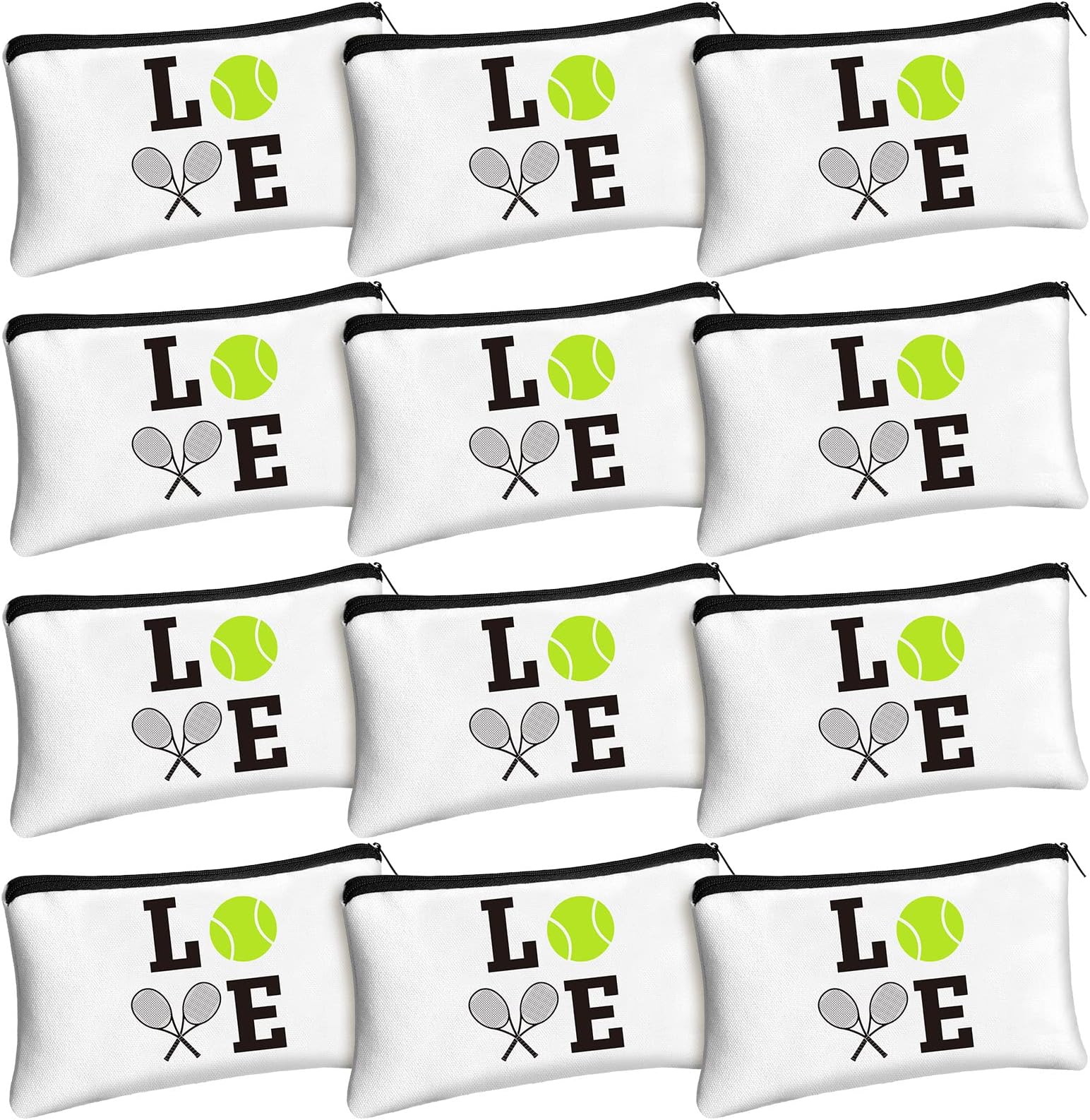 12 Pieces Tennis Makeup Bag Cosmetic Bag with Words Tennis Travel Storage Bags Portable Storage Case Toiletry Bag Accessories with Zippers for Tennis Players Teams Women Girls (White)