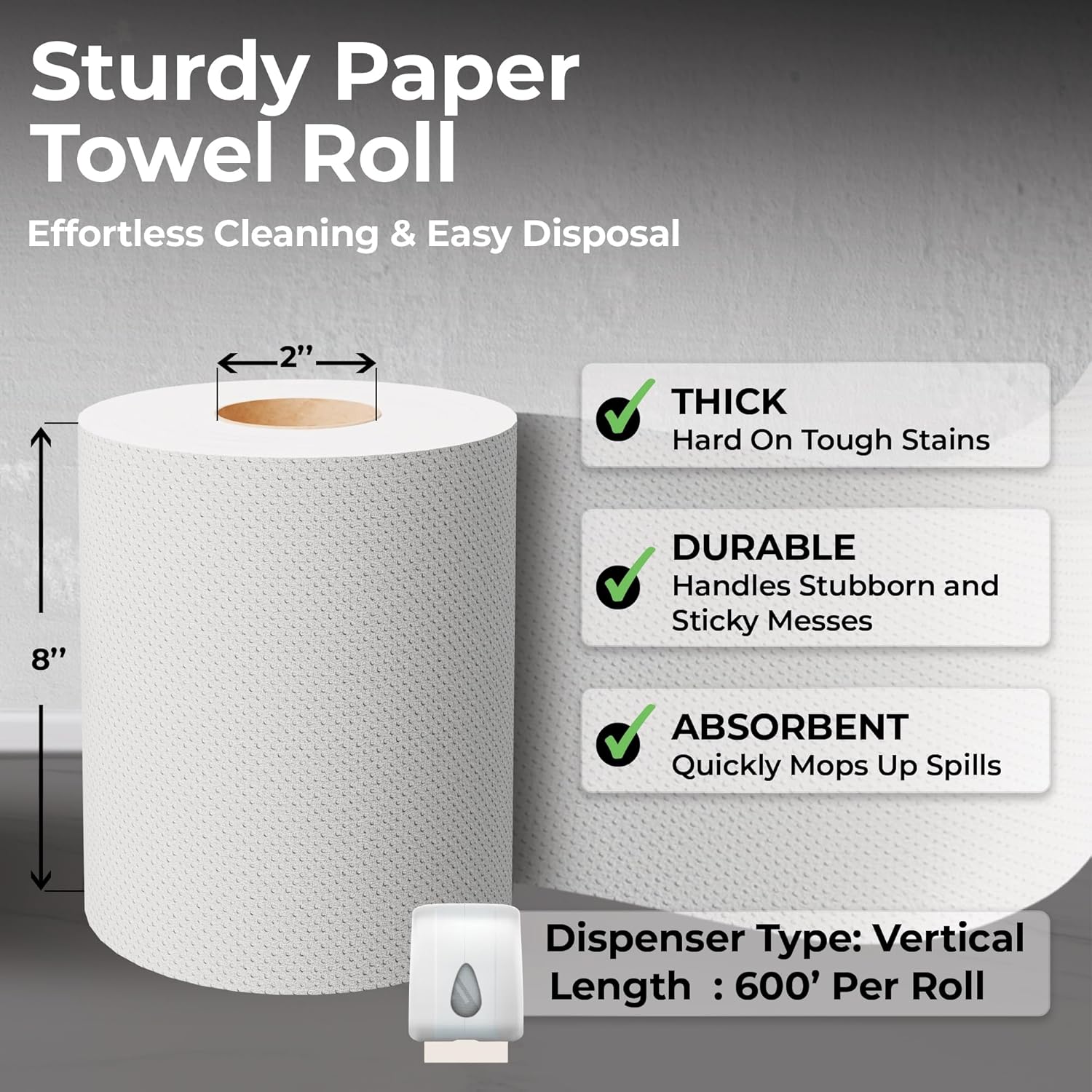 Restaurantware Paper Towel 12 Roll Case 600' 1-Ply White Paper Towel Roll Non-Perforated Absorbent Commercial Universal Core Kitchen Restroom Use