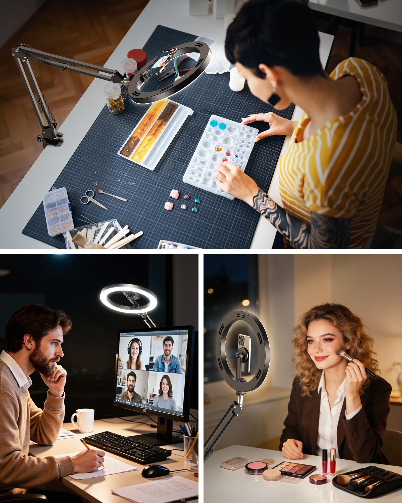 Anneau lumineux magnétique pour caméra de bureau, lumière selfie de 10" pour iPhone avec support de téléphone compatible MagSafe pour enregistrement vidéo, réunion zoom, diffusion en direct