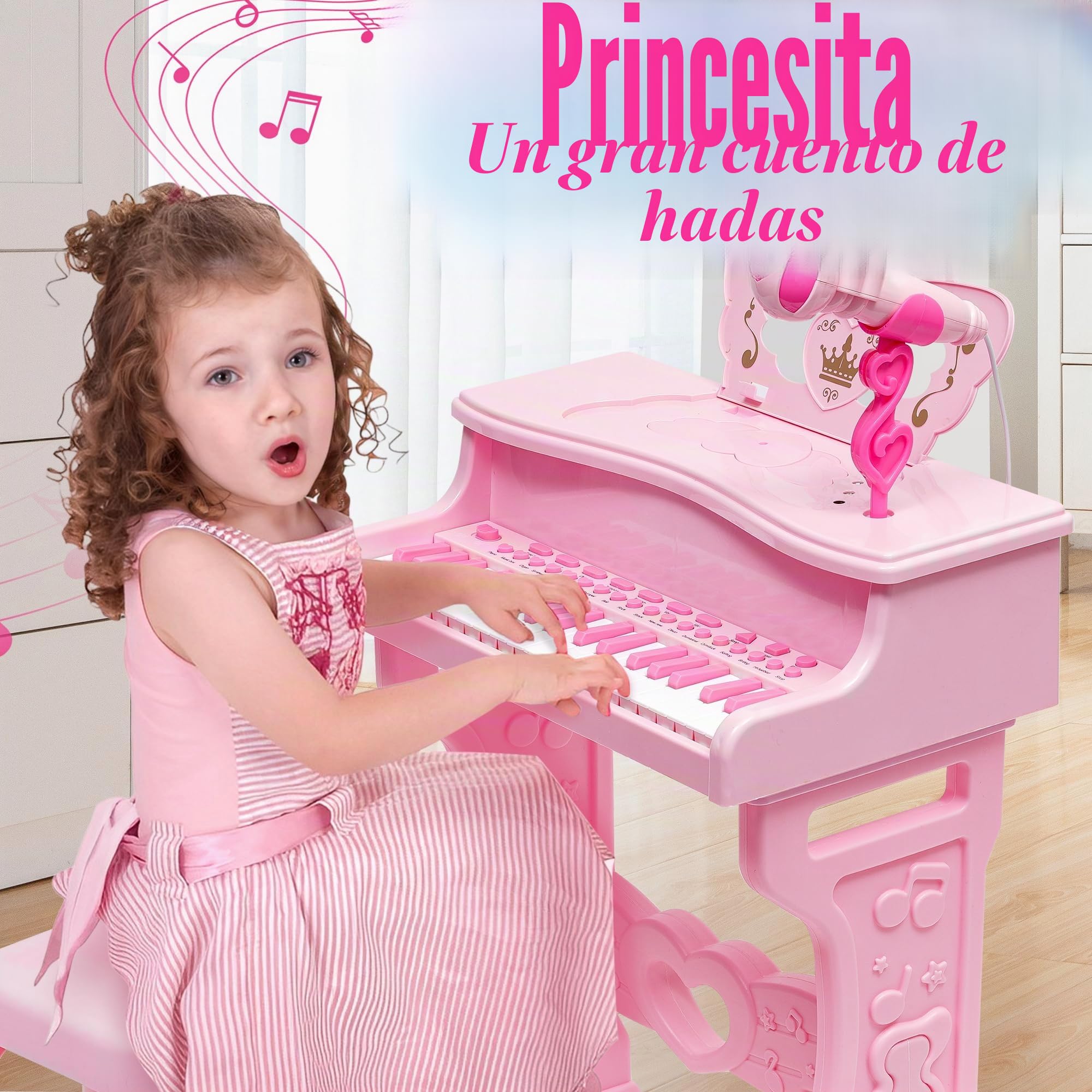 Piano para niños-Instrumento Musical Electrónico con 37 Teclas para niñas,Regalo Juguete Musical Pedagógico con Patas Desmontables,Micrófono,Varios Modos de Música,luz,Taburete (Rosa)