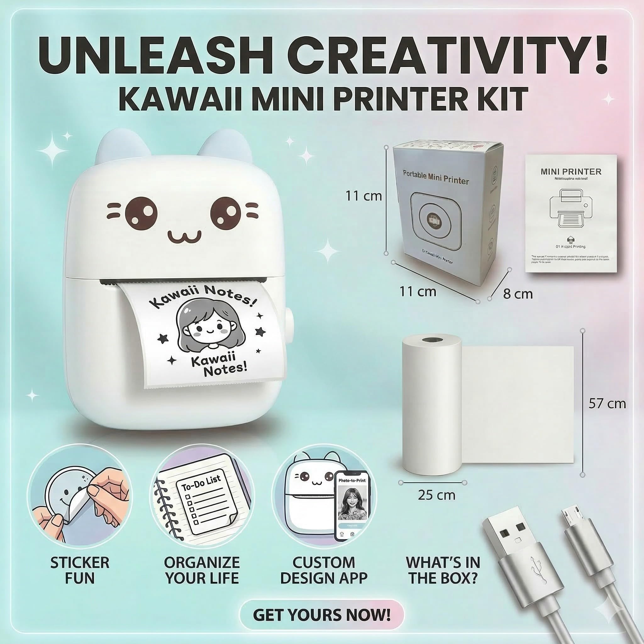 Mini Impresora térmica portátil para móvil con bluethoot. Impresora fotográfica sin Tinta con 1 Rollo de Papel térmico. Mini Printer Infantil Compatible con iOS y Android. Color Azul