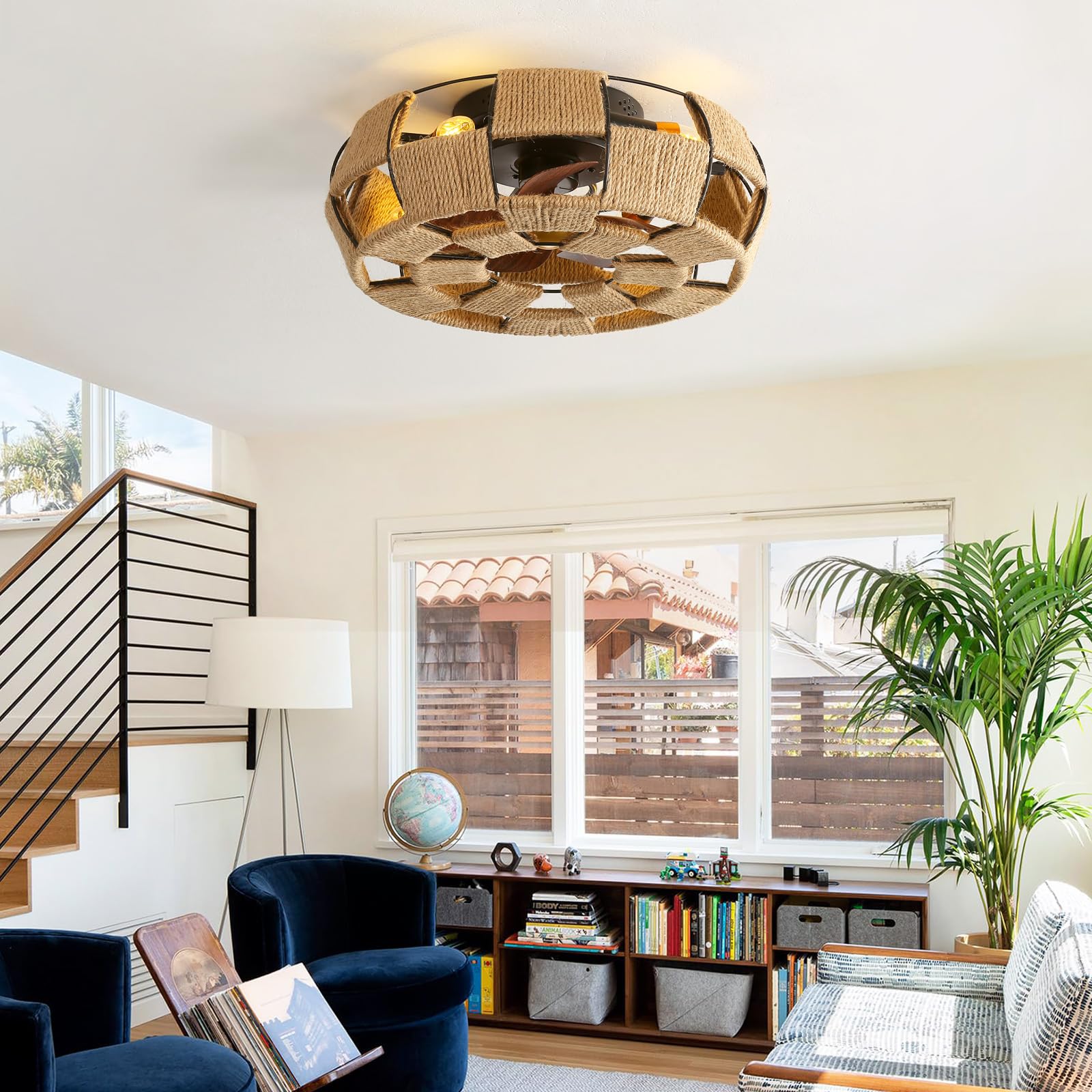 Ventilatore A Soffitto Con Luce Retro 50 Cm – Stile Bohémien In Corda Di Canapa – Motore DC 6 Velocità Con Telecomando