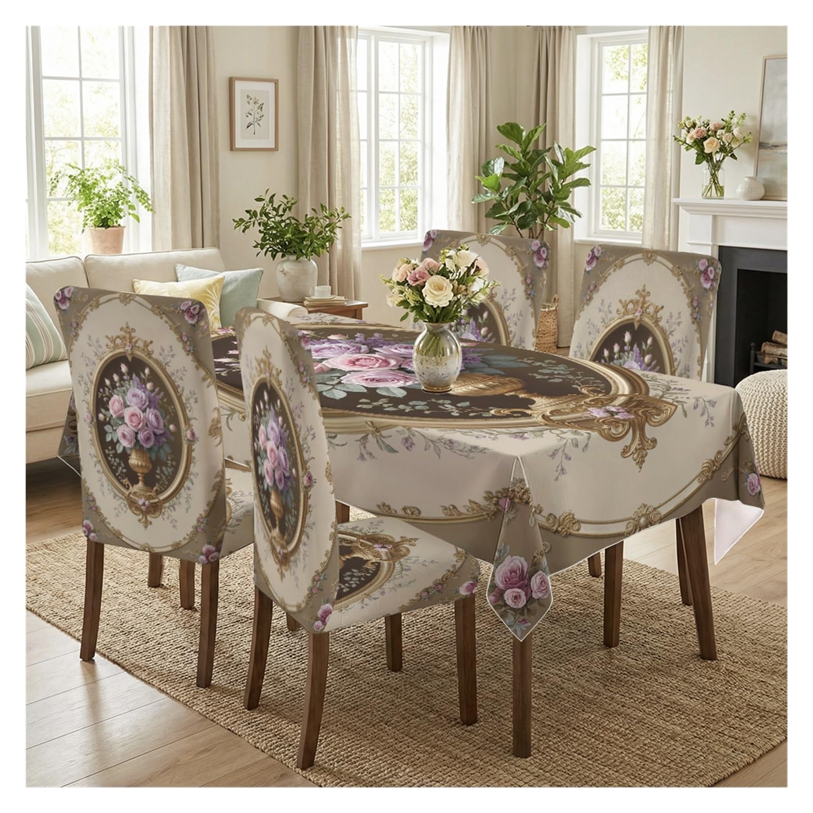 BOSUYBN Vintage Pink Rose Gold Baroque Oval Vase Floral Dining Tablecloth & Chair Covers Set, 5/7 Piece Elegant Victorian Farmhouse Dining Home Decor Table Setting(5pcs Set: Tablecloth+Chair Covers)