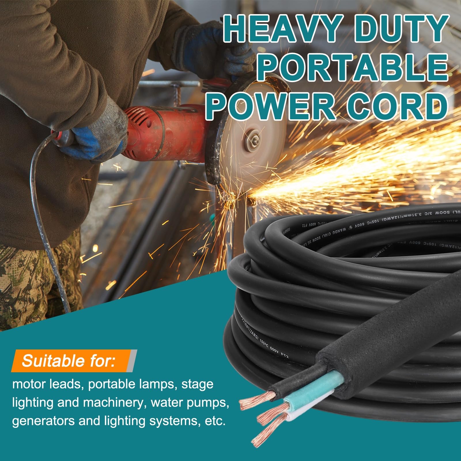 QUARKZMAN Cable Eléctrico SOOW 12 Gauge 3 Conductores, Cable Automotriz 25 Pies 12 AWG, De Energía Portátil 600V Para Generadores, Luces LED, Cargadores De Batería,