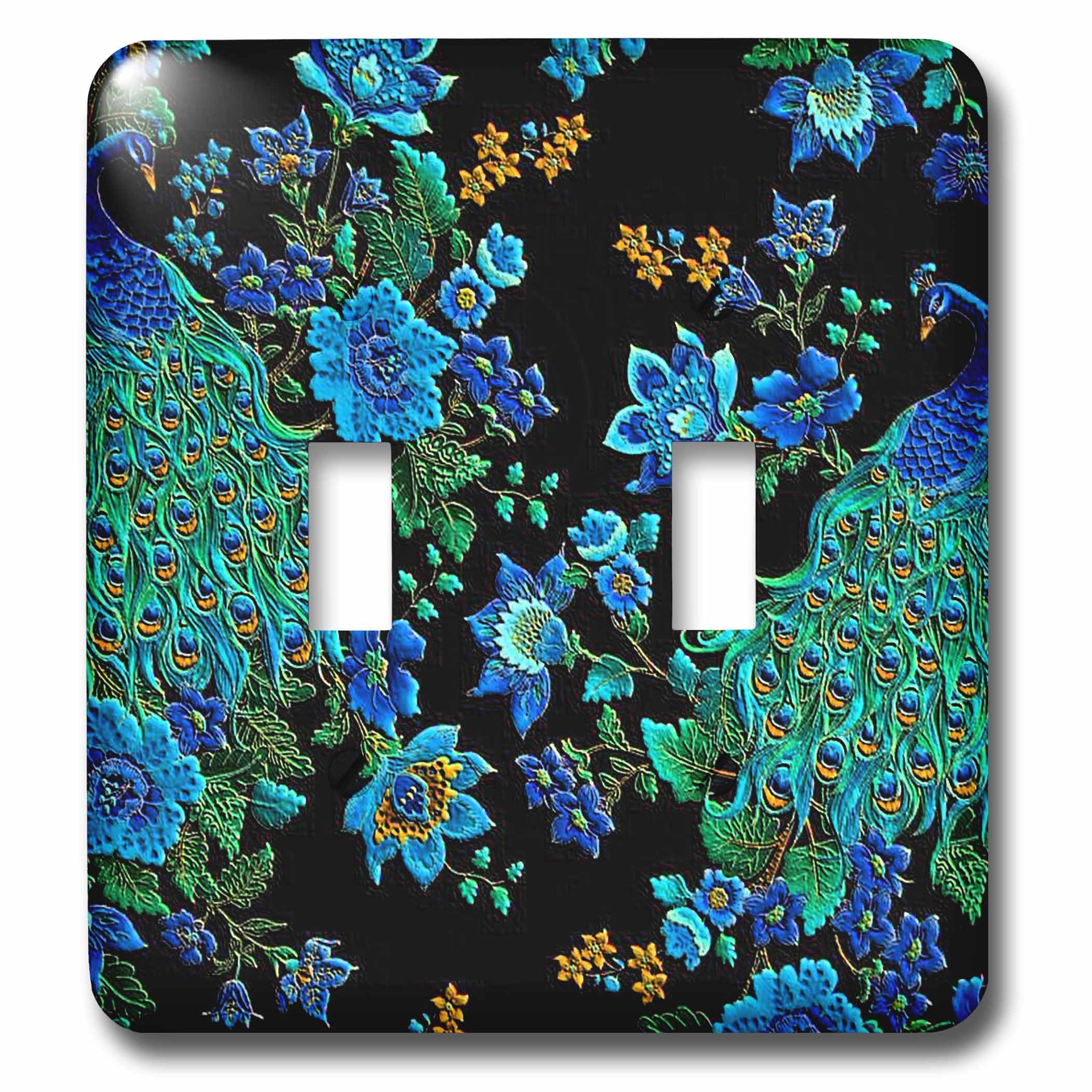 Double interrupteur à bascule motif paons fleurs bleu vert pour plaque de commutation murale