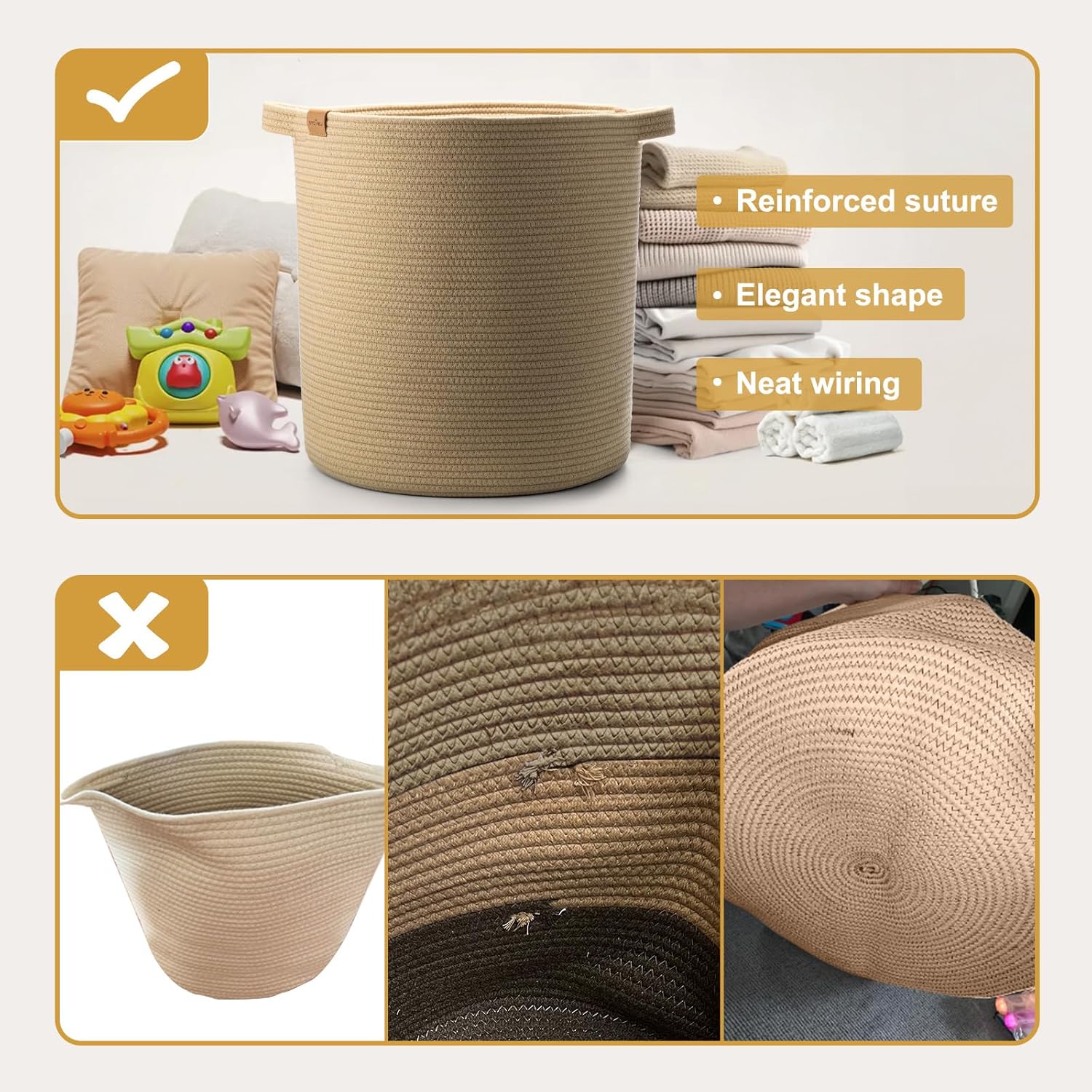 Woven Storage Baskets 56L Tall Laundry Hamper, 16x18 in Cotton Rope Blanket Basket with Handles for Toy, Pillows, Clothes, for Living Room Bedroom Nursery Straw