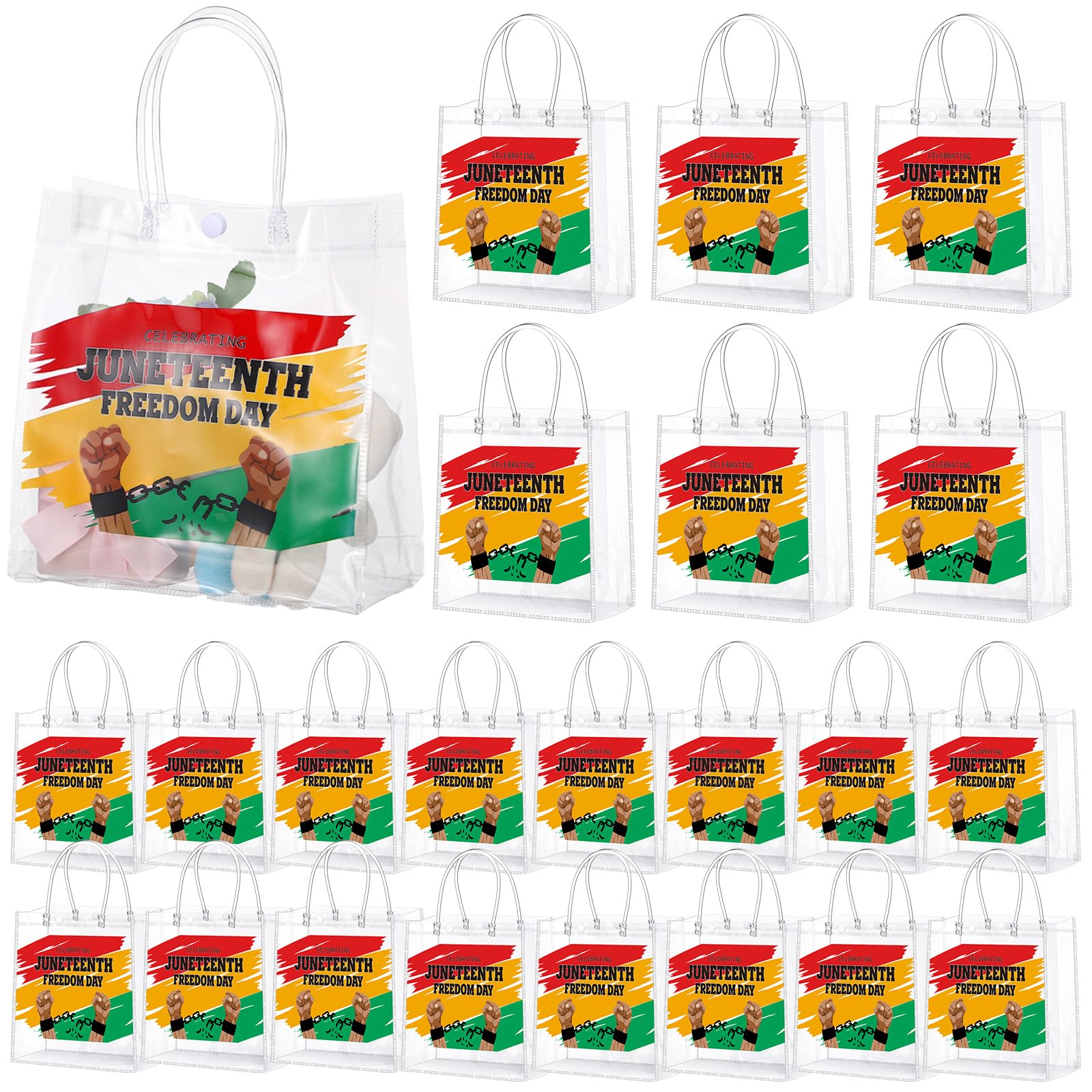 SilTriangle 20 Pieces Happy Juneteenth Party Favor Gift Bags with Handles 8x8x3.15 Inch African American Independence Day PVC Clear Juneteenth Favor
