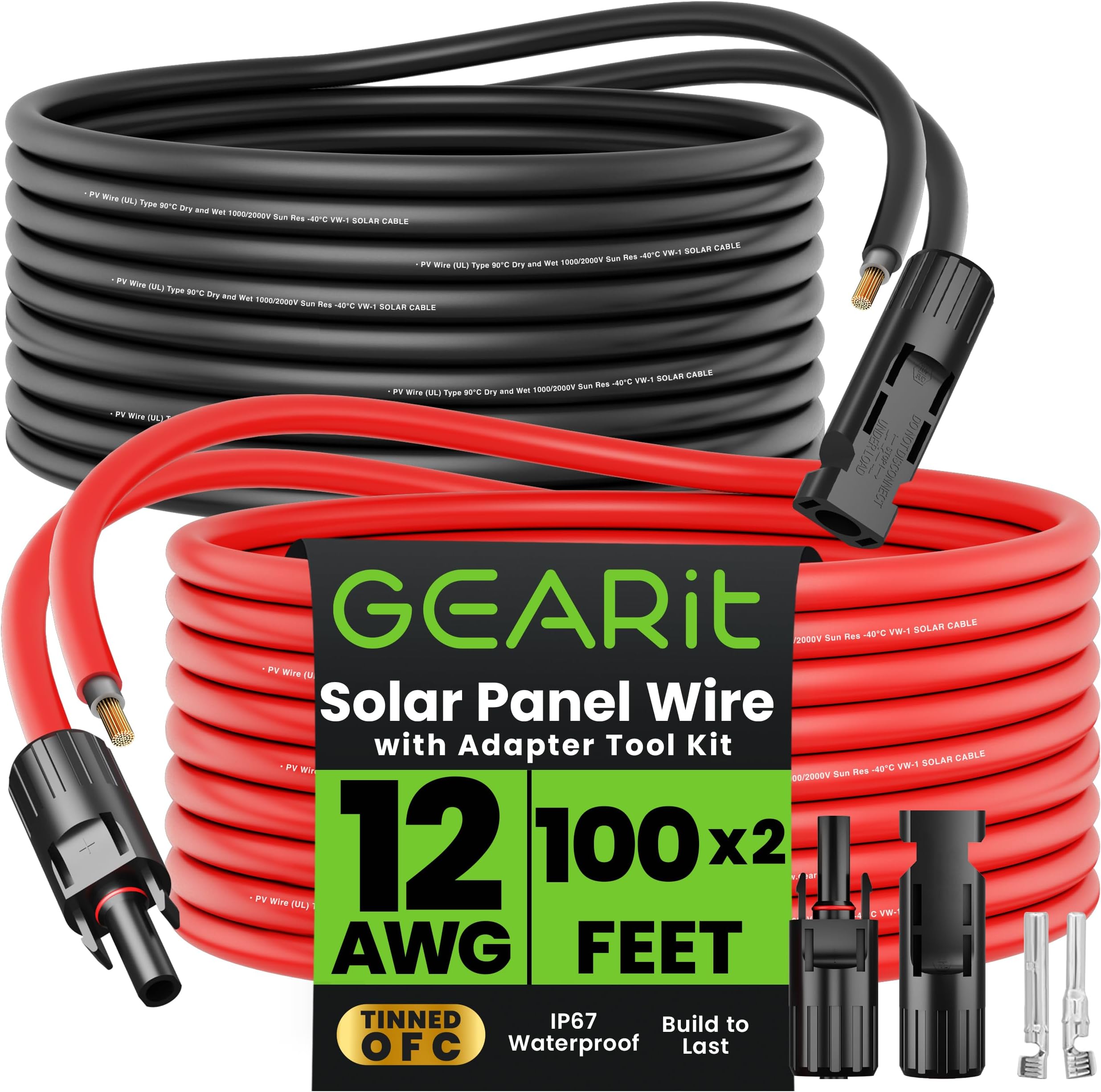 GearIT 12AWG Solar Extension Cable (100FT Black - 100Ft Red) Male to Female Solar Connectors with Adapter Tool Kit, Solar Panel Renewable Energy, 12 Gauge Pure Copper Extension Cord, 100 Feet