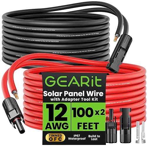 Miniatura 10 de GearIT Cable de extensión solar 12AWG (negro de 25 pies - 25 pies rojo) macho a hembra con kit de herramientas adaptadoras, panel solar de energía