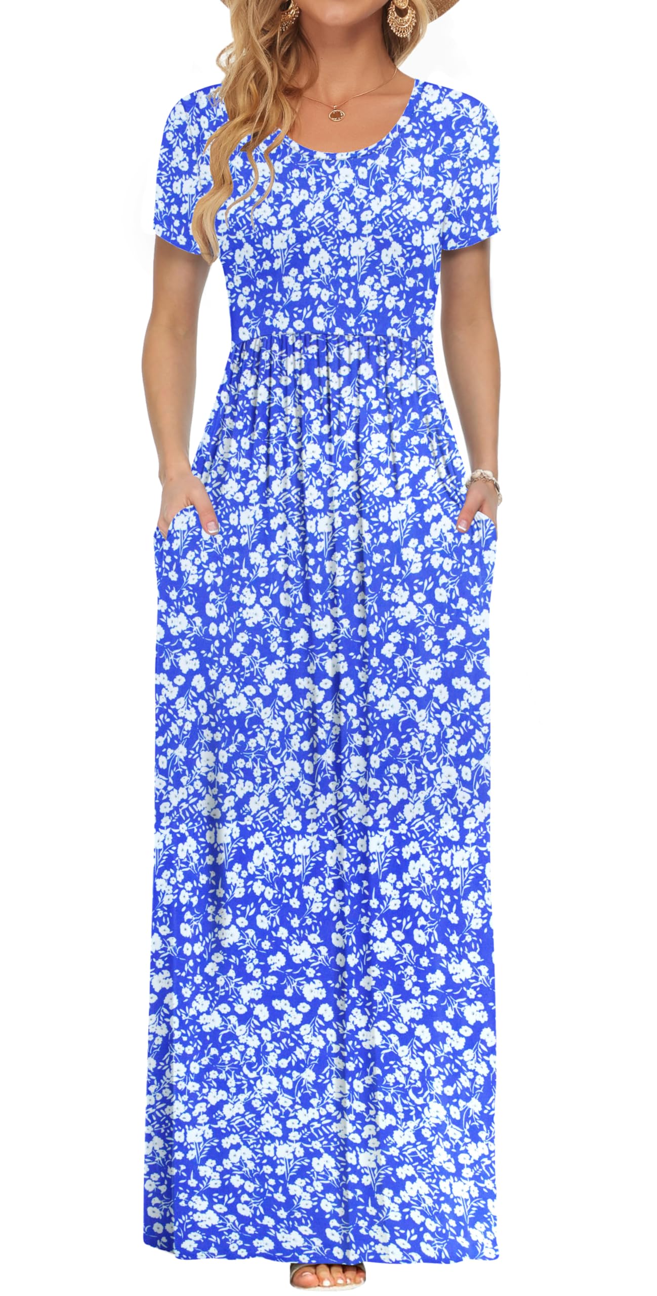AUSELILY Damen Kurzarm Sommer Casual Long Maxi Kleider mit Taschen