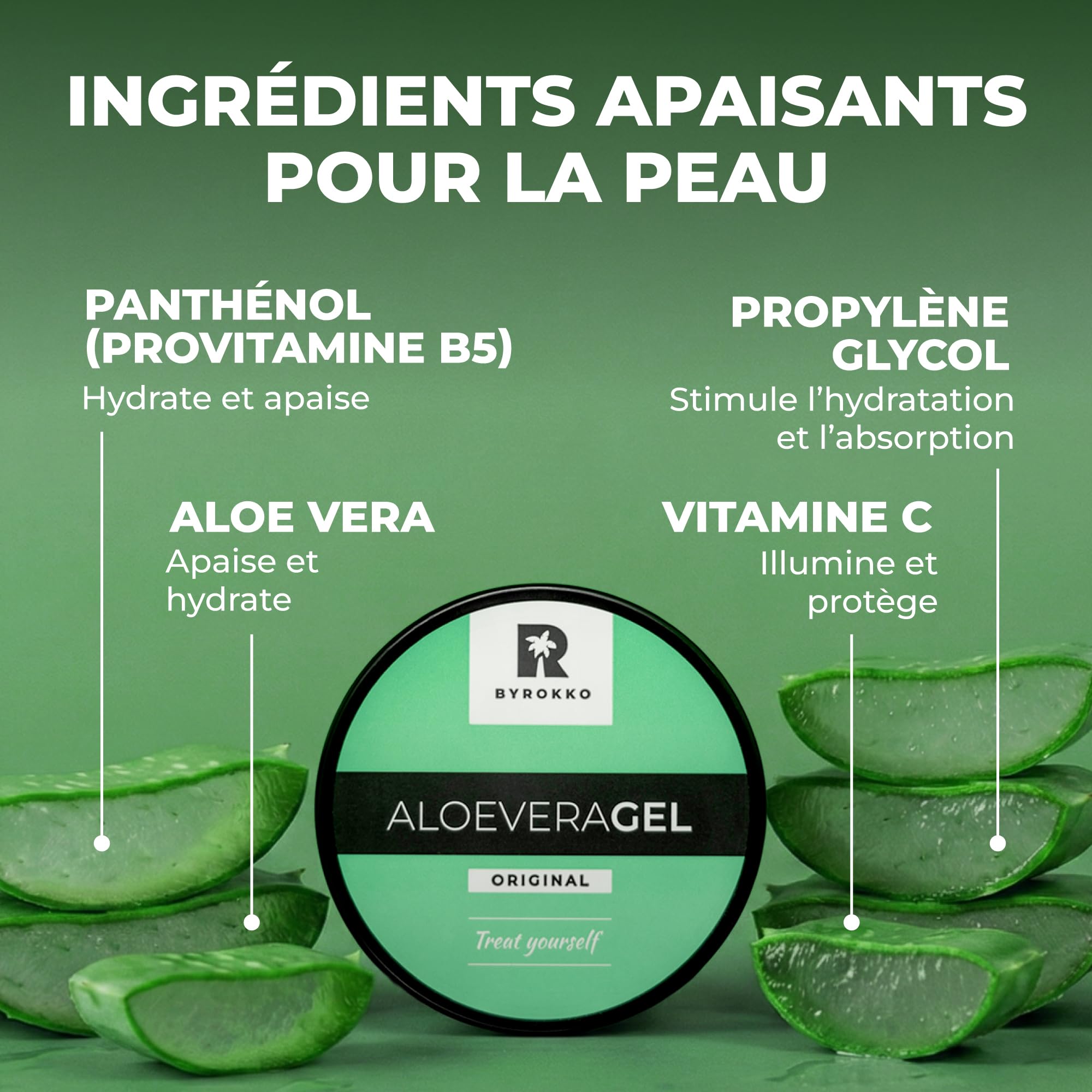BYROKKO Gel d'aloe vera (215 ml) - Gel après-bronzage rafraîchissant à absorption rapide - Hydrate intensément, régénère et prévient l'exfoliation - Soin naturel après soleil