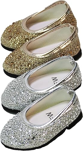 American Fashion World Zapatos planos de diamantes de imitación dorados y plateados para muñecas de 18 pulgadas, paquete de 2, calidad premium y