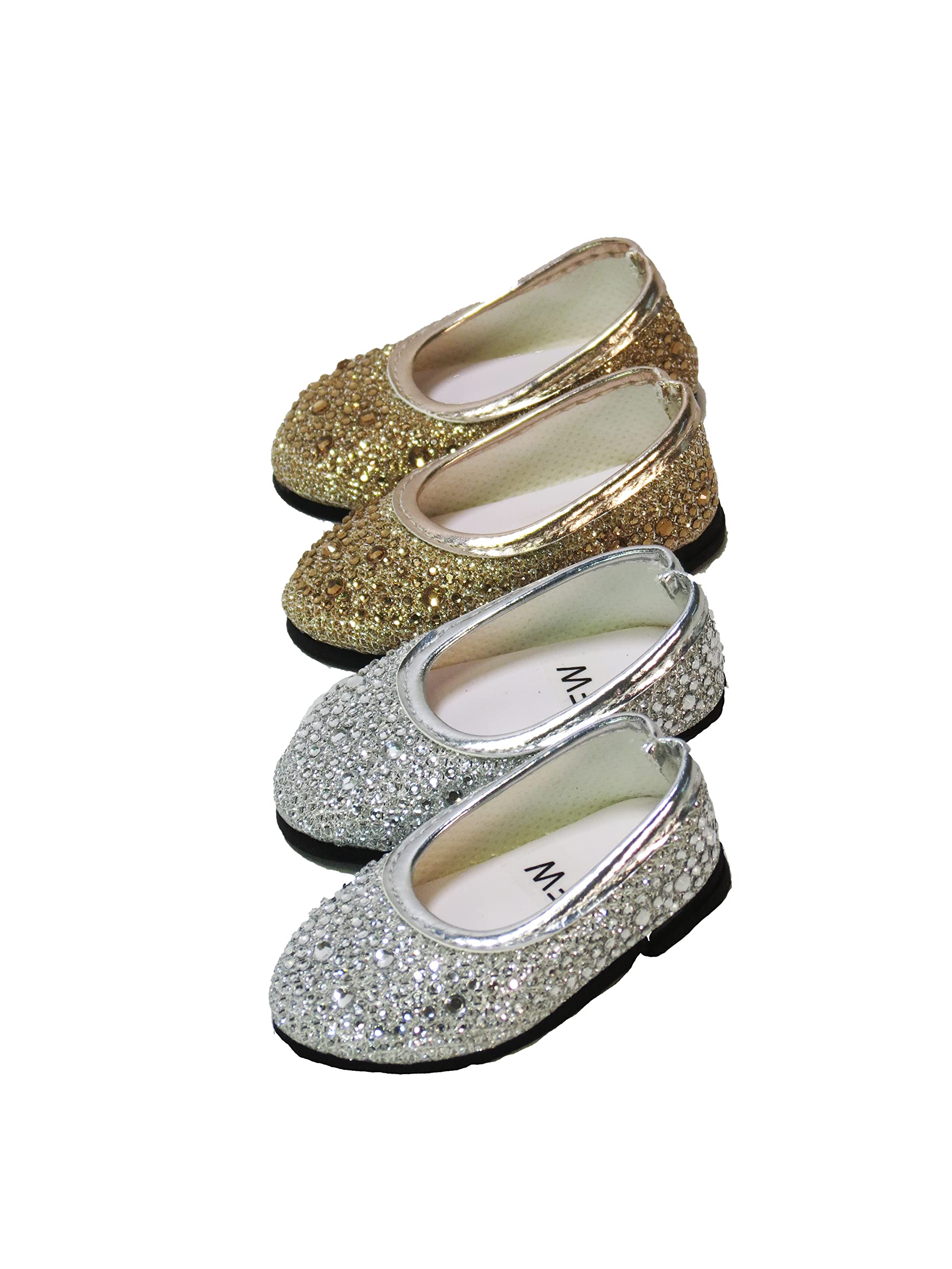 American Fashion World Gold and Silver Rhinestone Flat Shoes for 18 inch Dolls | 2 Pack | Premium Quality & Trendy Design | Dolls Shoes | Shoe Fashion