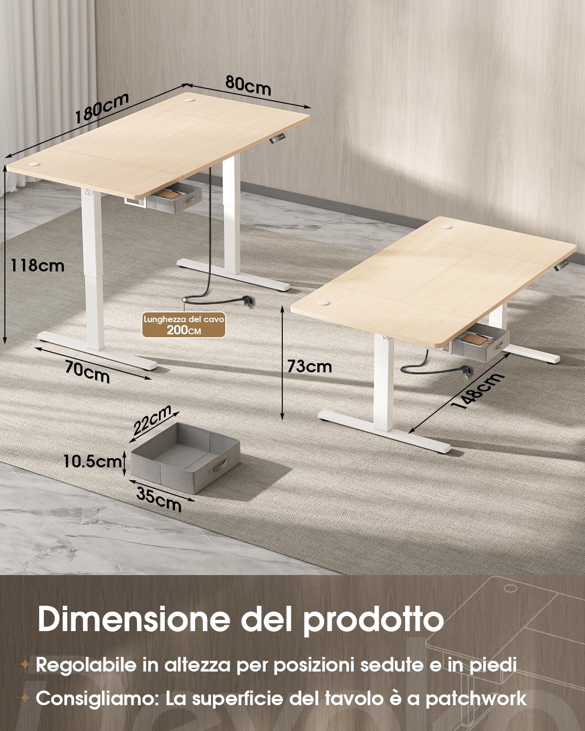 Devoko Scrivania Elettrica Regolabile In Altezza 180 x 80 cm, Ufficio 4 Sezioni Con Funzione Di Memoria, Cassetti, Porte Usb E Sistema Di Gestione Cavi, Beige