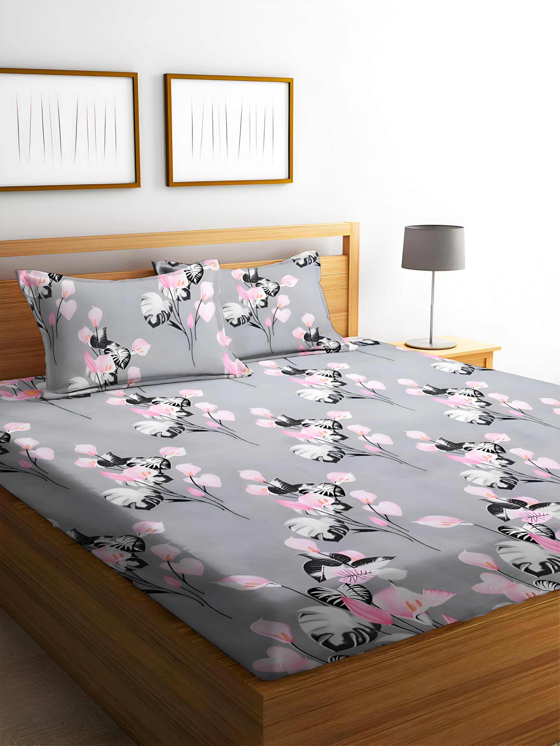 STARNSTYLE Polycotton 220 TC Floral Printed King Size Double Bedsheet with 2 Pillow Covers, (90 x 90 Inches, Grey Floral
