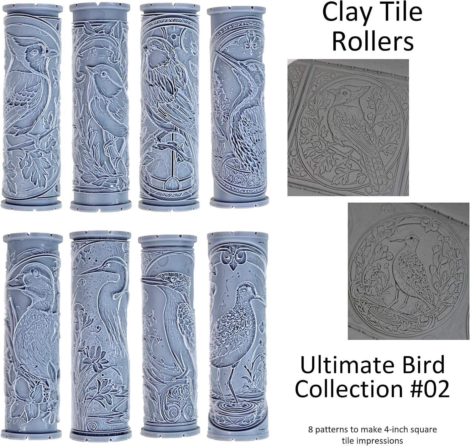 Ultimate Bird 8-Set Clay Texture Rollers (4") - Bird Set #02 - Embossing Pattern Rollers for Polymer & Ceramic Clay, Pottery & Crafts