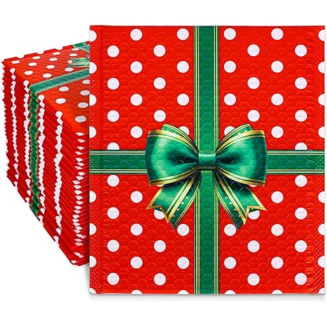 50-Pack Christmas Bubble Mailers, Dots Xmas Bow Poly Padded Envelopes, Perfect for...