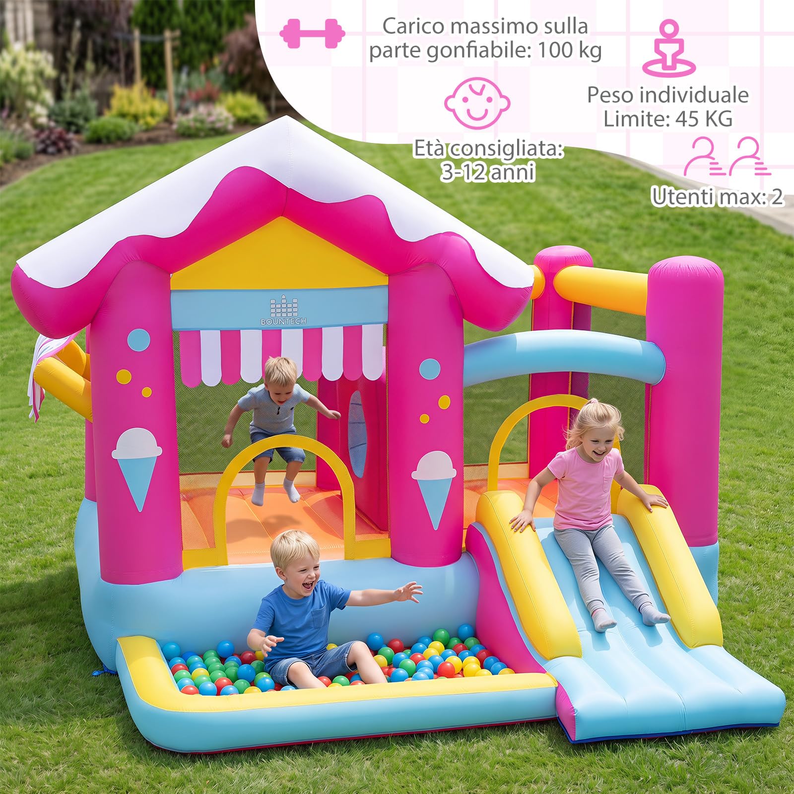 COSTWAY Castello Gonfiabile per Bambini 3-12 Anni | Casa Gonfiabile per Interno ed Esterno con Trampolino con Ostacolo, Scivolo, Piscina con 50 Palline, 7 Picchetti e Borsa