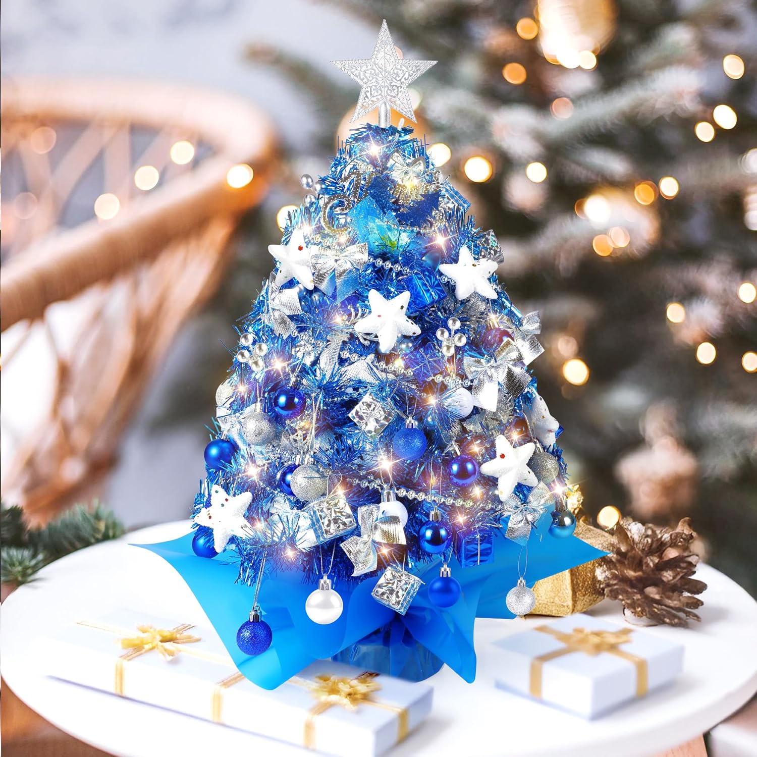 2FT Mini Christmas Tree, Blue Tabletop Christmas Tree, Prelit Small Christmas Tree with 60 LED Lights, 100 Lifelike Branches, 73 Ornaments, Artificial Xmas Tree for Home Indoor Decor