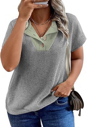 Eytino Plus Size Tops for Women Summer Casual Henley Shirts V Neck Short Sleeve Patchwork Button Blouses Clothing1X-5X