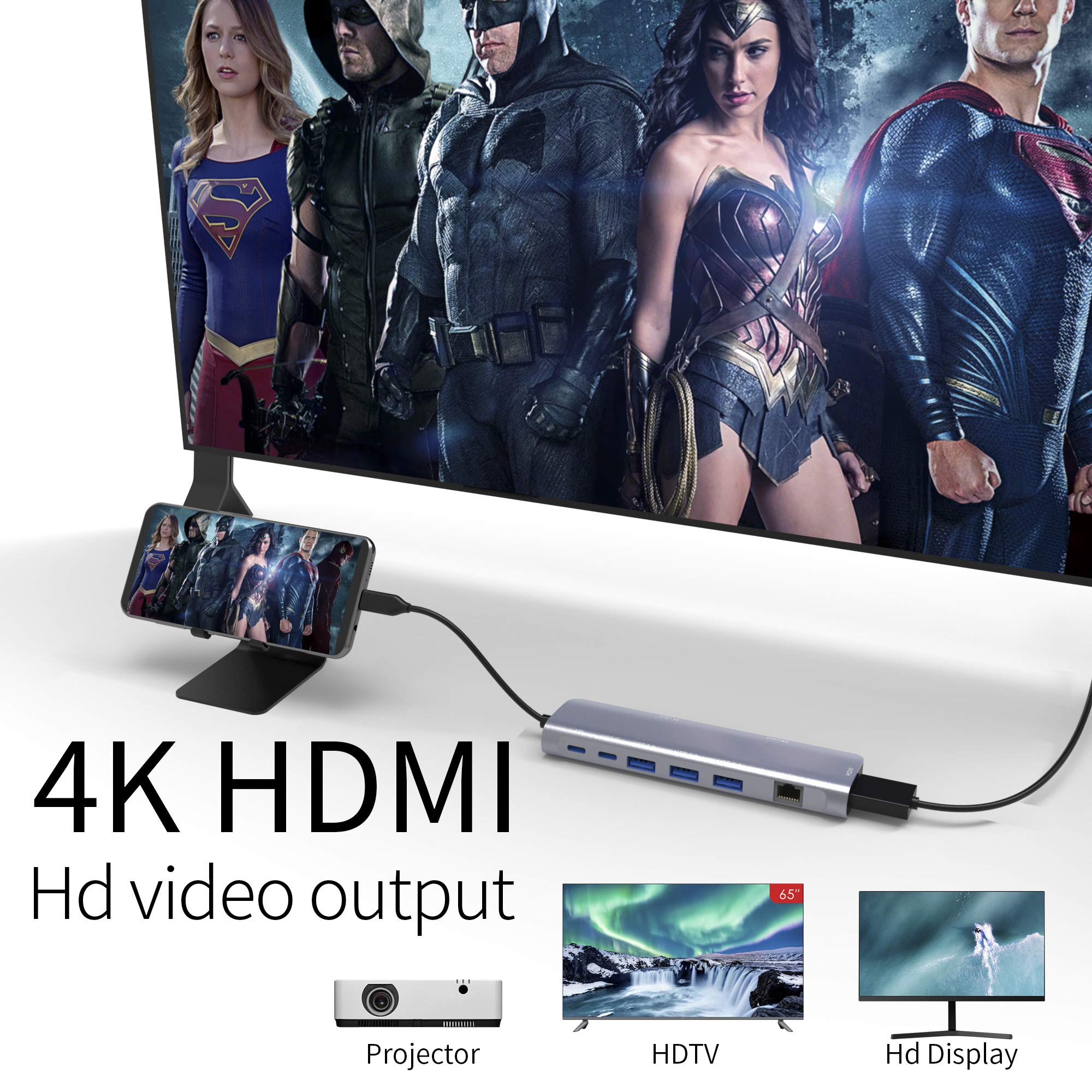 HUB C USB 9 w 1 z HDMI 4K, PD 100 W, USB C, USB 3.0, Ethernet RJ45, czytnik kart SD/TF, stacja dokująca, kompatybilny z MacBook Pro/MacBook Air, XPS, Chromebook i innymi urządzeniami