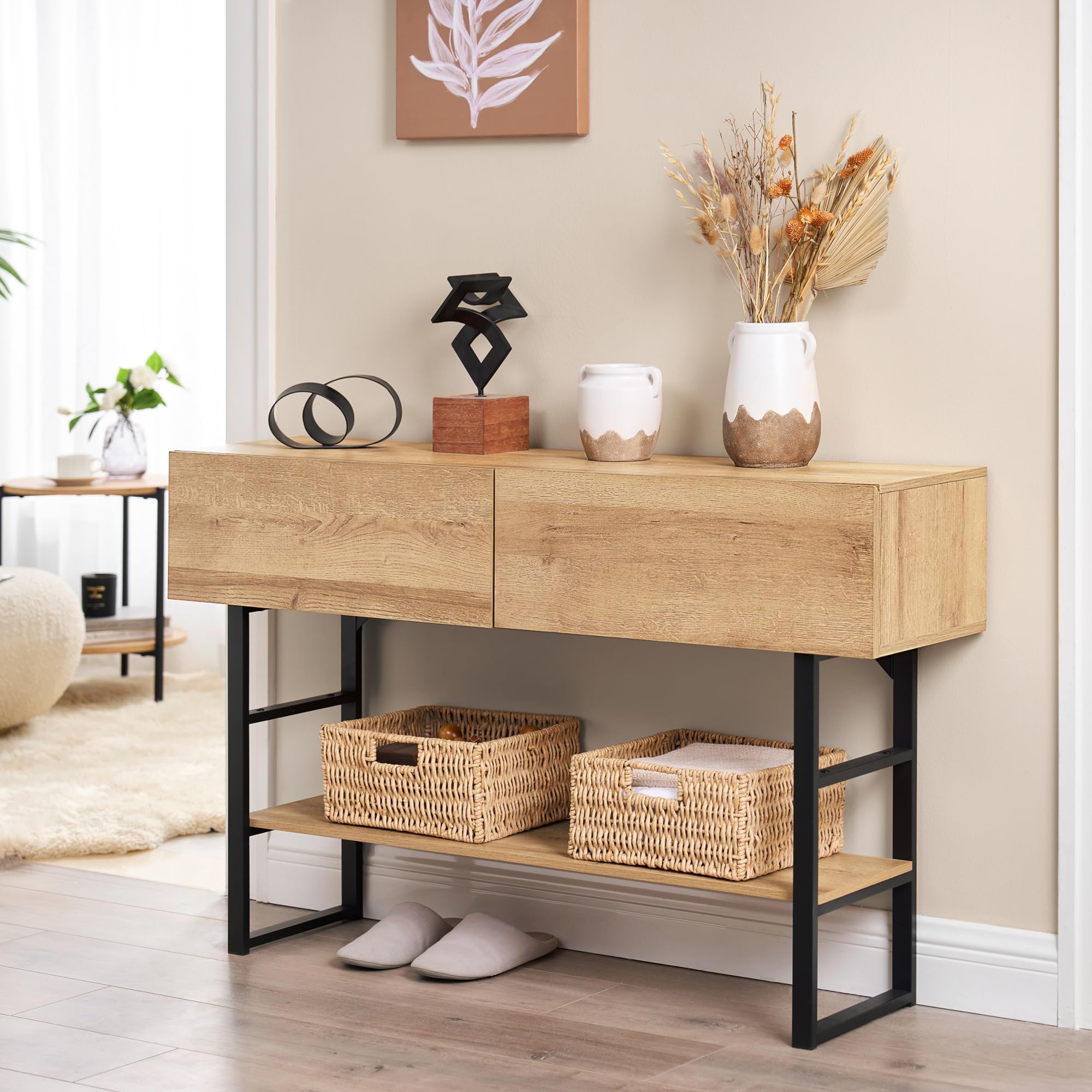 [en.casa] Konsolentisch schmal Varberg Flurtisch mit 2 Schubladen rechteckig Ablagetisch verstellbare Ablage Metallgestell 75 x 120 x 30 cm Eicheoptik