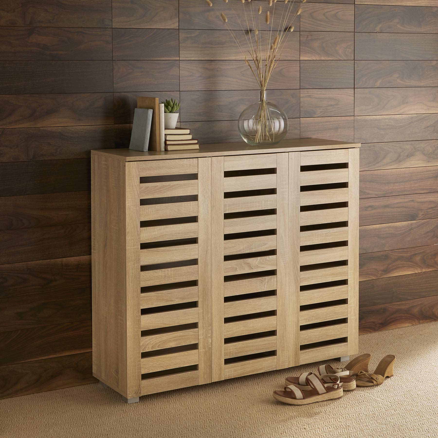 Home Source 3 Door Wooden Shoe Storage Cabinet Rack Stand Slatted Cupboard, MDF, Oak Effect