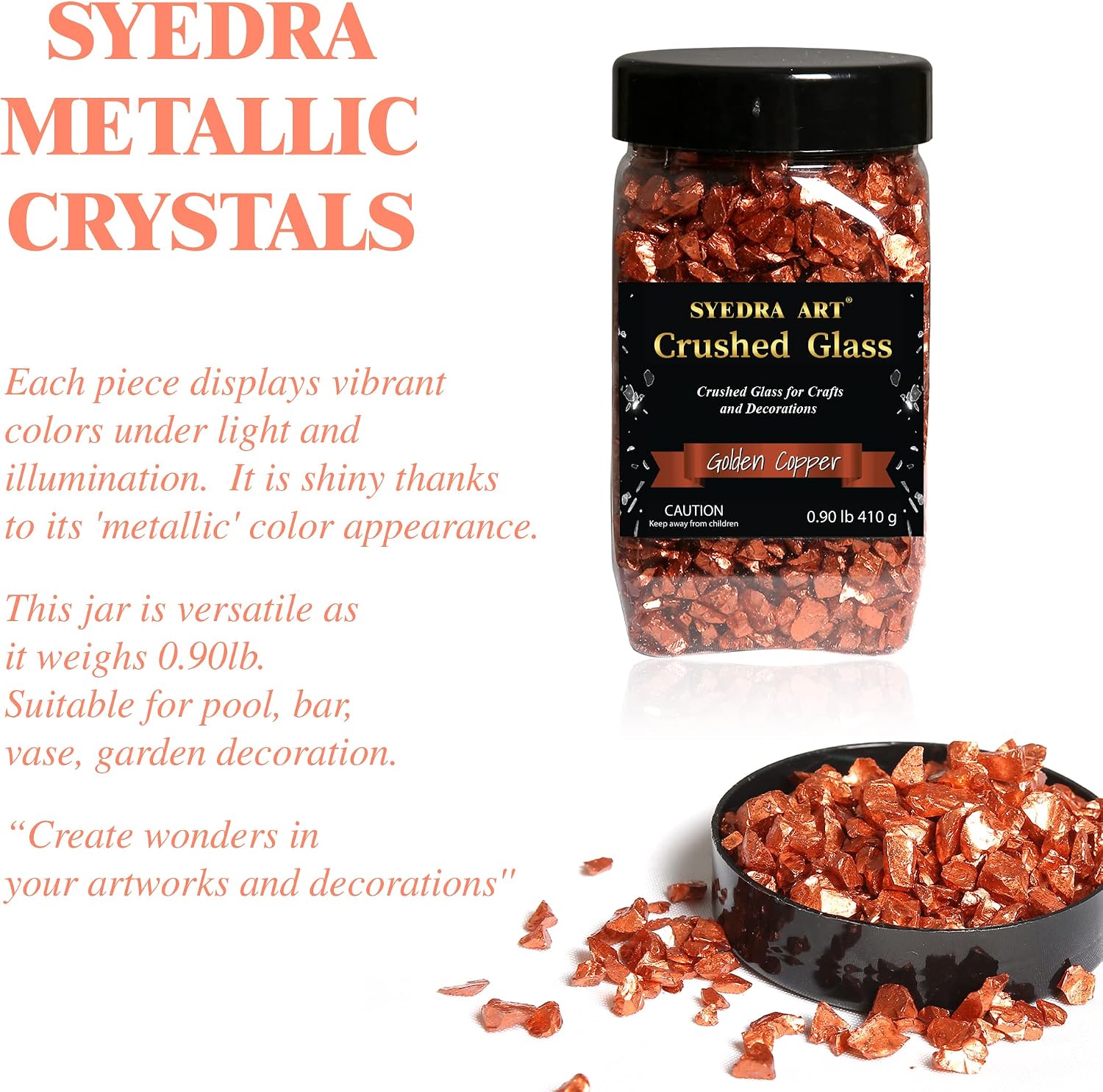 Syedra Crushed Glass for Crafts Glitter Metallic Chips, Crystal Broken Glass, Bar, Vase, Garden Decoration, 3-6mm,0.90LB (Golden Copper) image 3