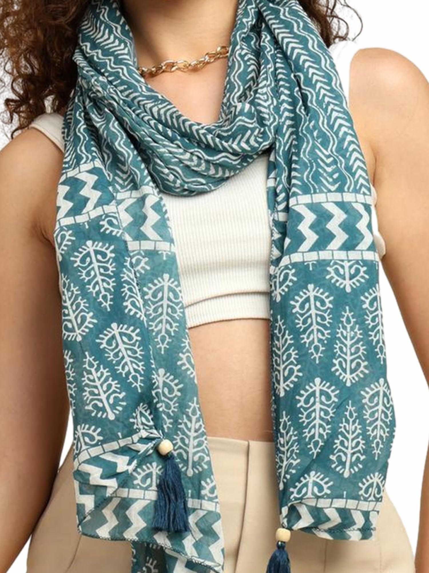 KE KANHA EXPORTS Scarf for Women Premium Cotton Boho | Dual Tone Border Print Stole with Tassels | Lightweight Summer Beach Wrap 180 x 50 cm