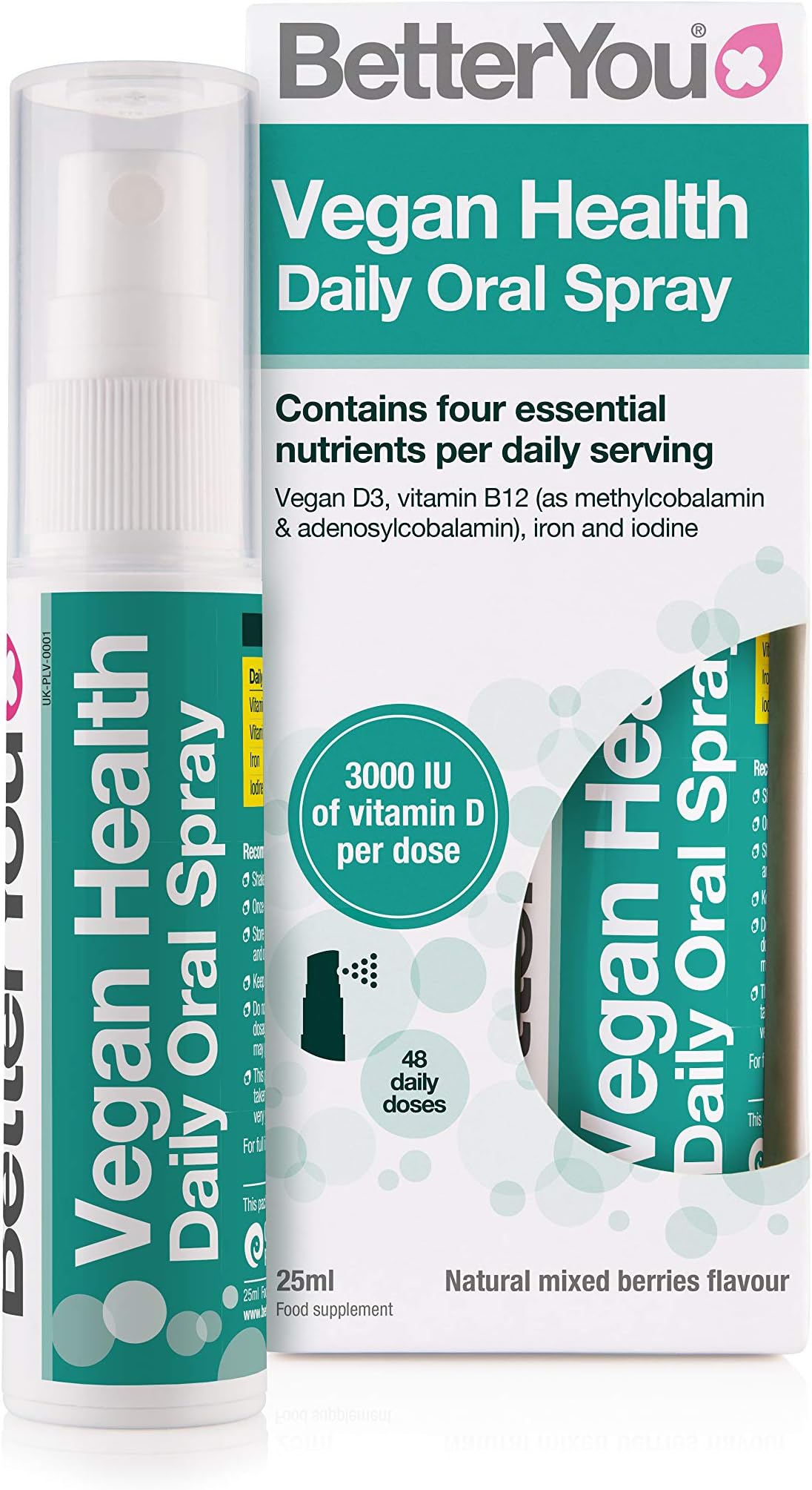 Vegan Health Daily Oral Spray, Pill-Free Vitamin Supplement for Vegans, Contains Vitamin D, Vitamin B12, Iron and Iodine, 48-Day Supply, Made in The UK, Natural Mixed Berries Flavour