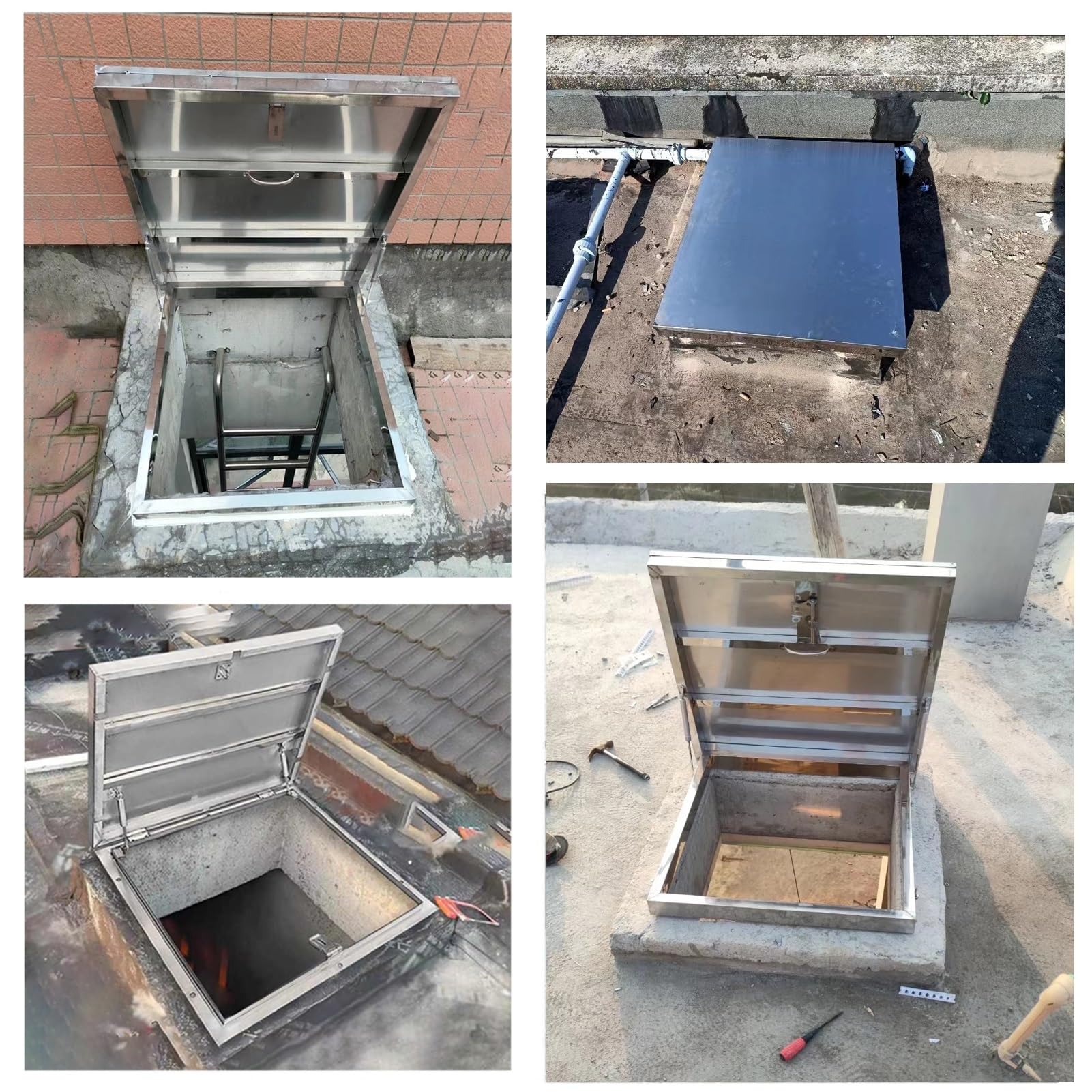 Trappe d'accès de toit robuste en acier inoxydable 304, imperméable à la pluie avec couvercle d'inspection, couvercle de trappe de terrasse durable (100 x 100 cm)