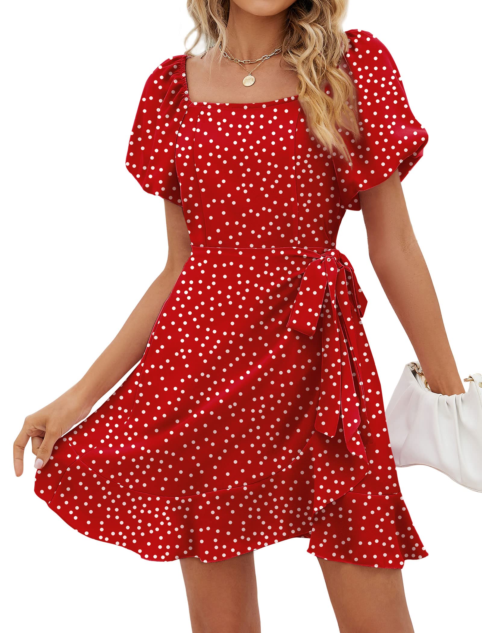 SAMPEELWomens Square Neck Puff Sleeve Dresses Casual Summer Tie Waist Dress