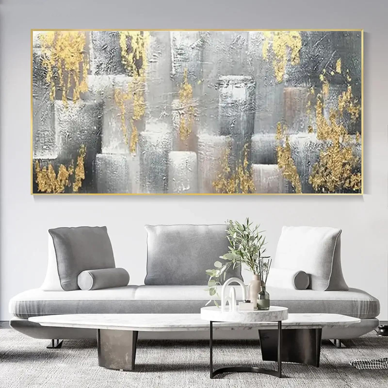 18meng Art Abstrakte Leinwand Bilder Gold Silber Leinwanddruck Wandbilder 80x60 cm XXL Modern Wohnzimmer Schlafzimmer Große Geometrische Kunstdruck Poster Decor Wandbild Aufhängefertig
