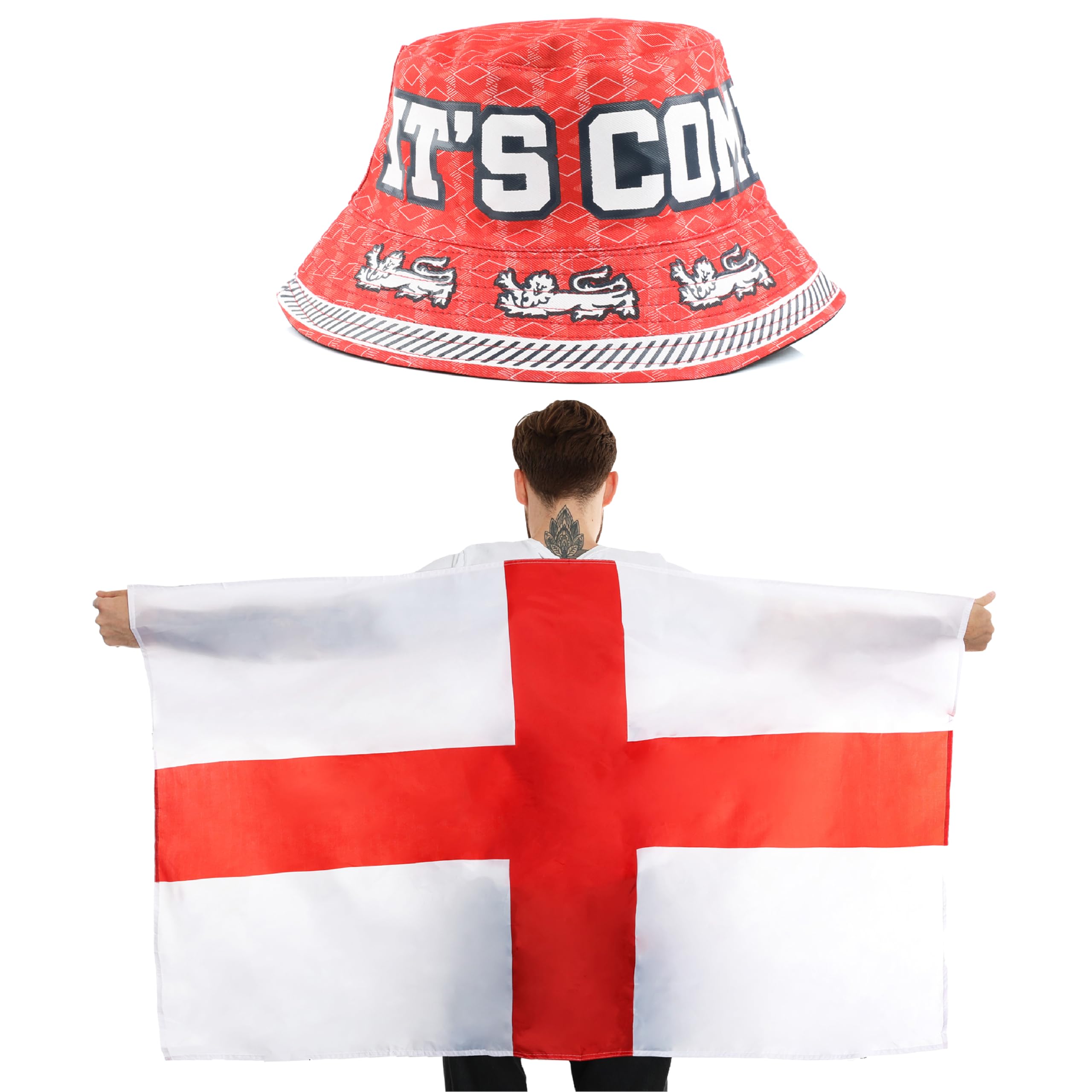 I LOVE FANCY DRESS England Supporters Set - England Bucket Hat and St George's Wearable Flag Cape - Football Rugby Celebration Accessory Set