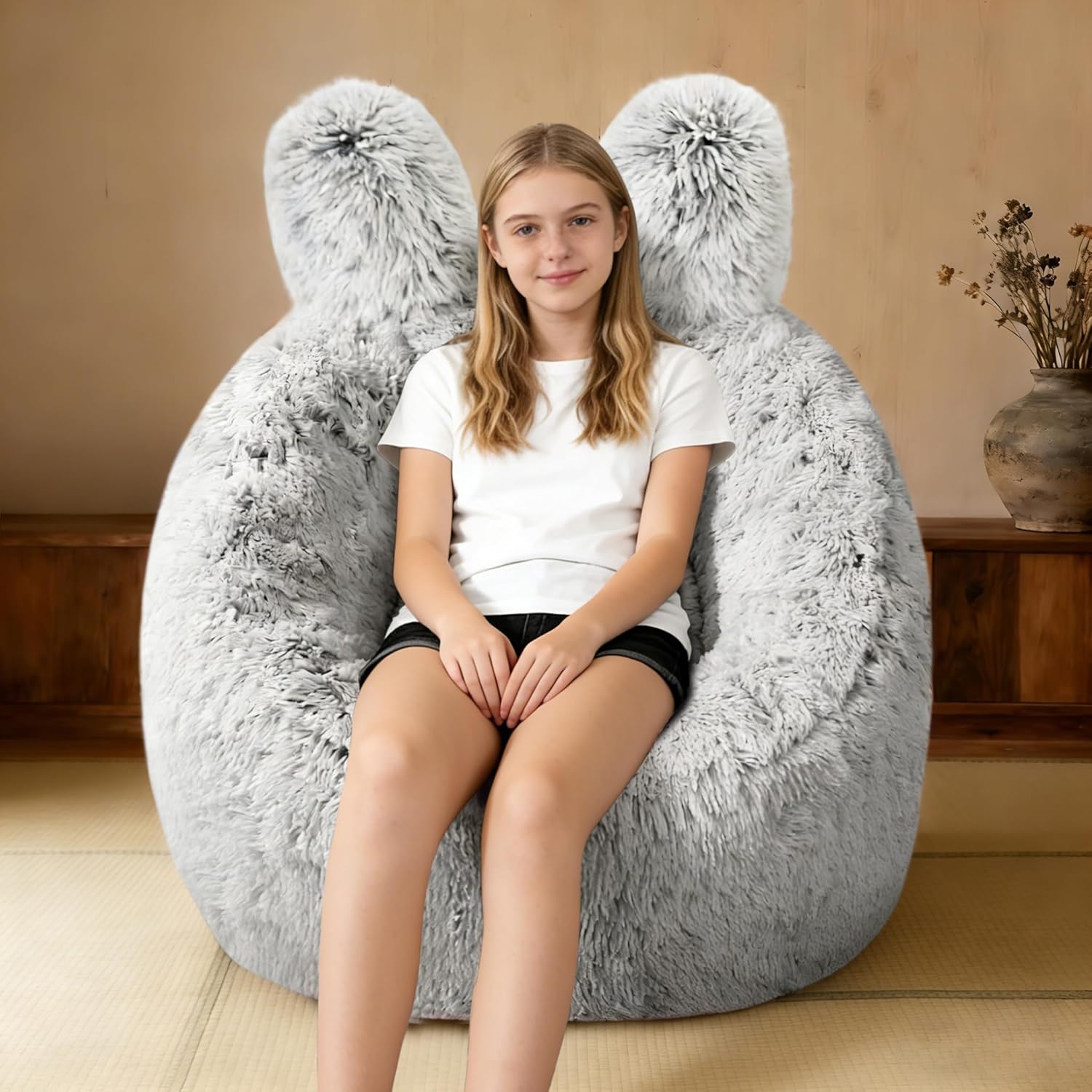 Fluffy Bean Bag Chair for Kids, with Plush Faux Fur Cover, 2.5FT Memory Foam Bean Bag Chairs for Teens & Kids, Ultra Soft Sofa for Living Room/Bedroom/Dorm,Grey