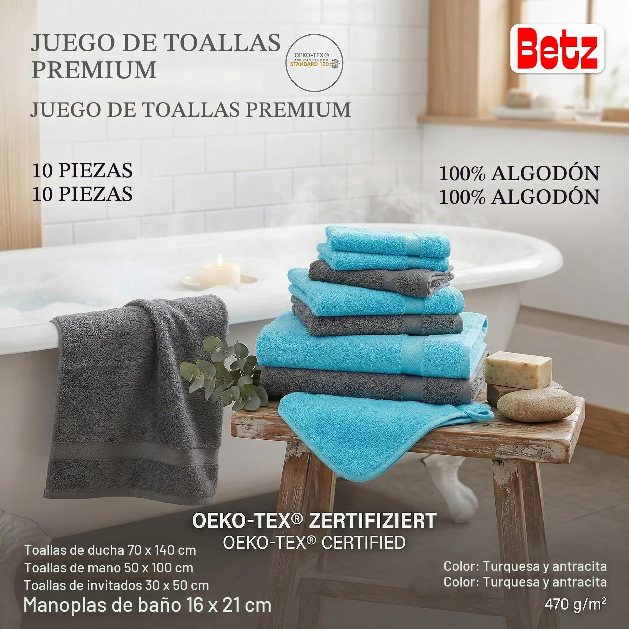 Betz Juego de Toallas de 10 Piezas 2 Toallas de baño 4 Toallas de Mano 2 Toallas para Invitados 2 Manoplas de baño 100% algodón Toalla Ducha baño Mano Premium de Color Turquesa y Gris Antracita