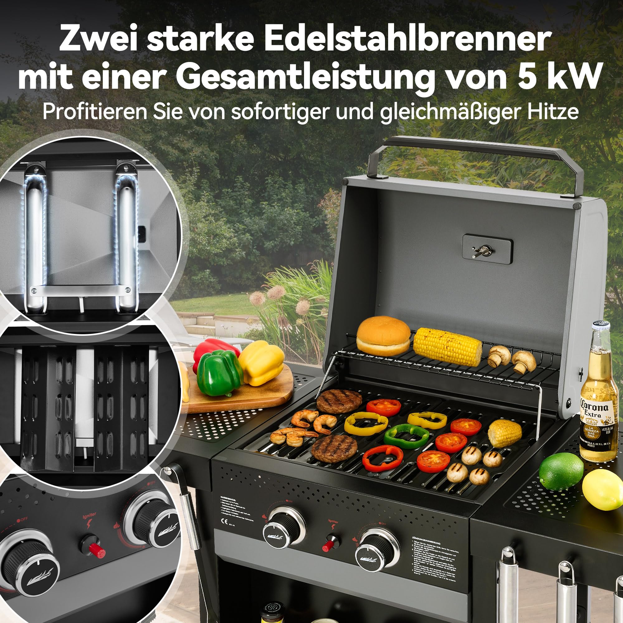 Royal Gourmet 2-Brenner Gasgrill 5 kW Grillwagen mit klappbaren Seitenablagen, Ablagekorb, Outdoor Gasgrill für Balkon, Terrasse, Garten und Camping, Grau