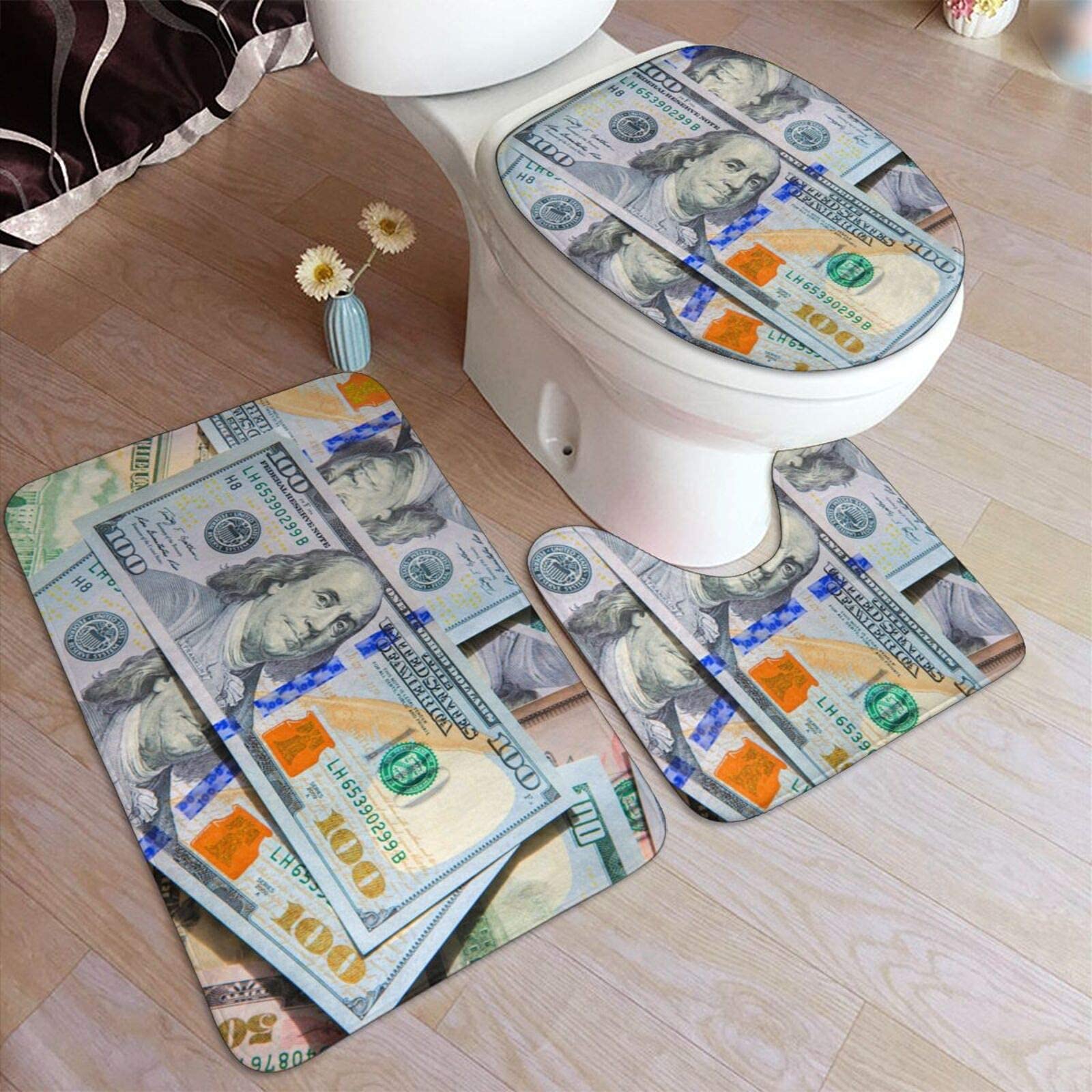 Harooni New 100 Dollar Bath Rugs Sets 3 Piece 100 Dollars Pattern Non Slip Bathroom Carpet, Water Absorbent U-Shaped Toilet Mat, Toilet Lid Cover