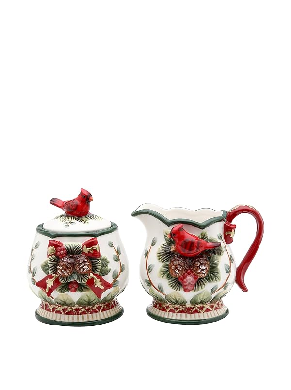 Cosmos Evergreen Holiday Cardinal Sugar & Creamer Set by Cosmos Gifts - Used condition - US$10.80